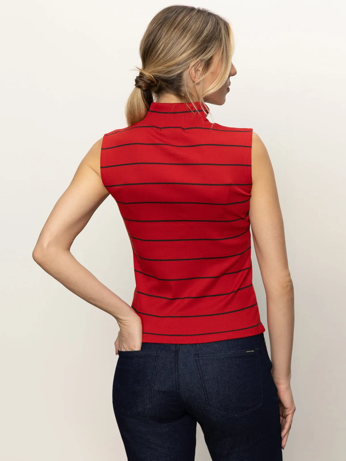Sleeveless Zip Mock Top Red Energy/Black Stripe Anti Pill Surface