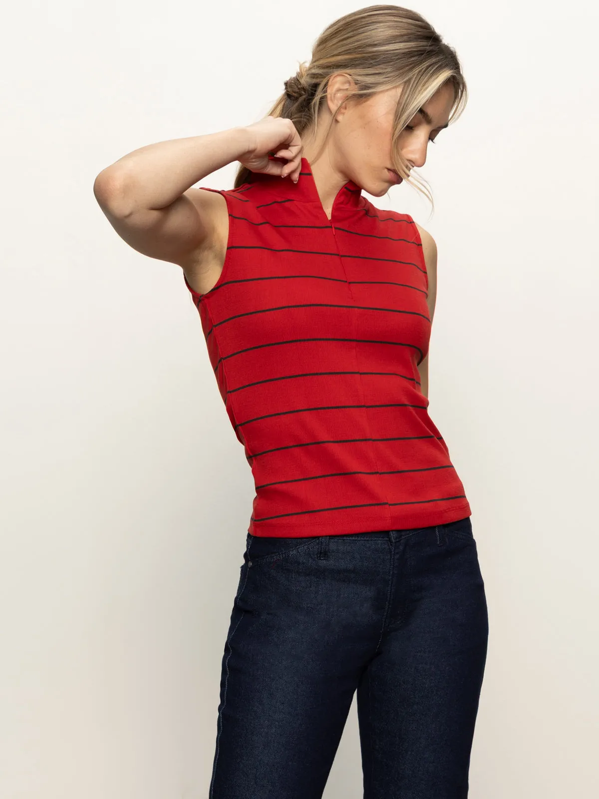 Sleeveless Zip Mock Top Red Energy/Black Stripe Reversible design