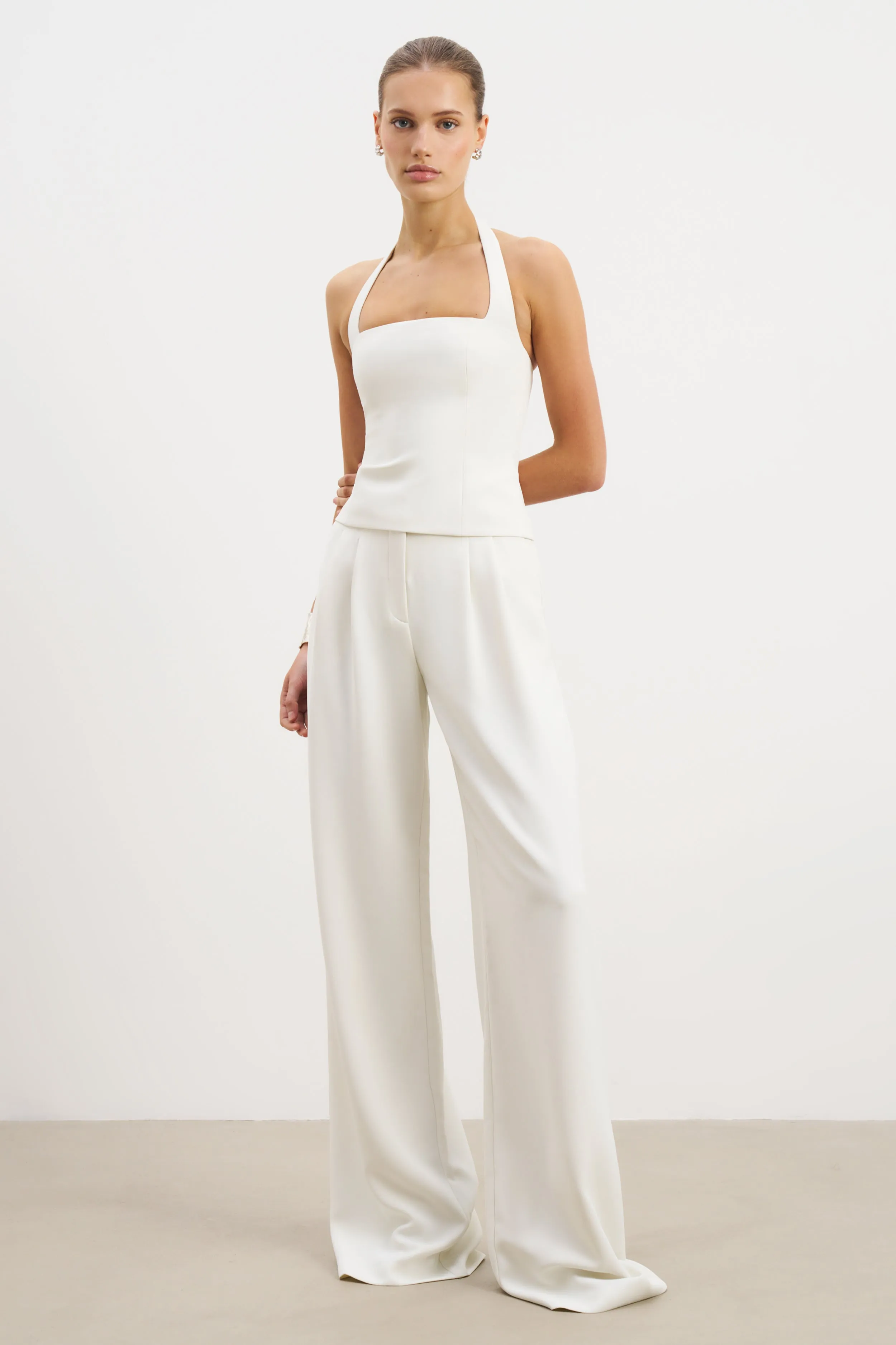 Effortless Tailored Halter Bodice Top - White ButtonFront YarnDyedFabric