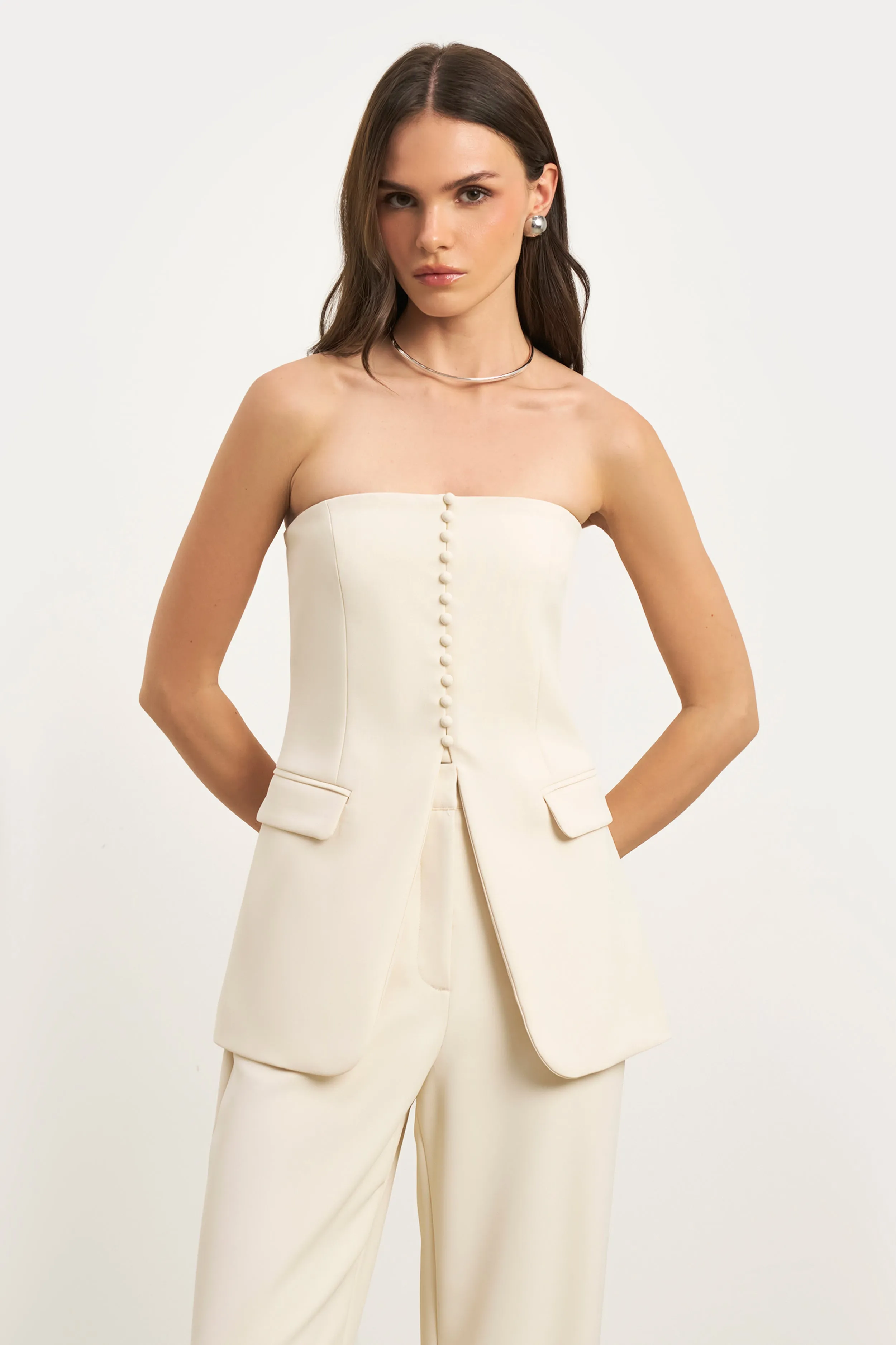 Summer Sweater Adaptive Waistband Strapless Peplum Bodice - Cream