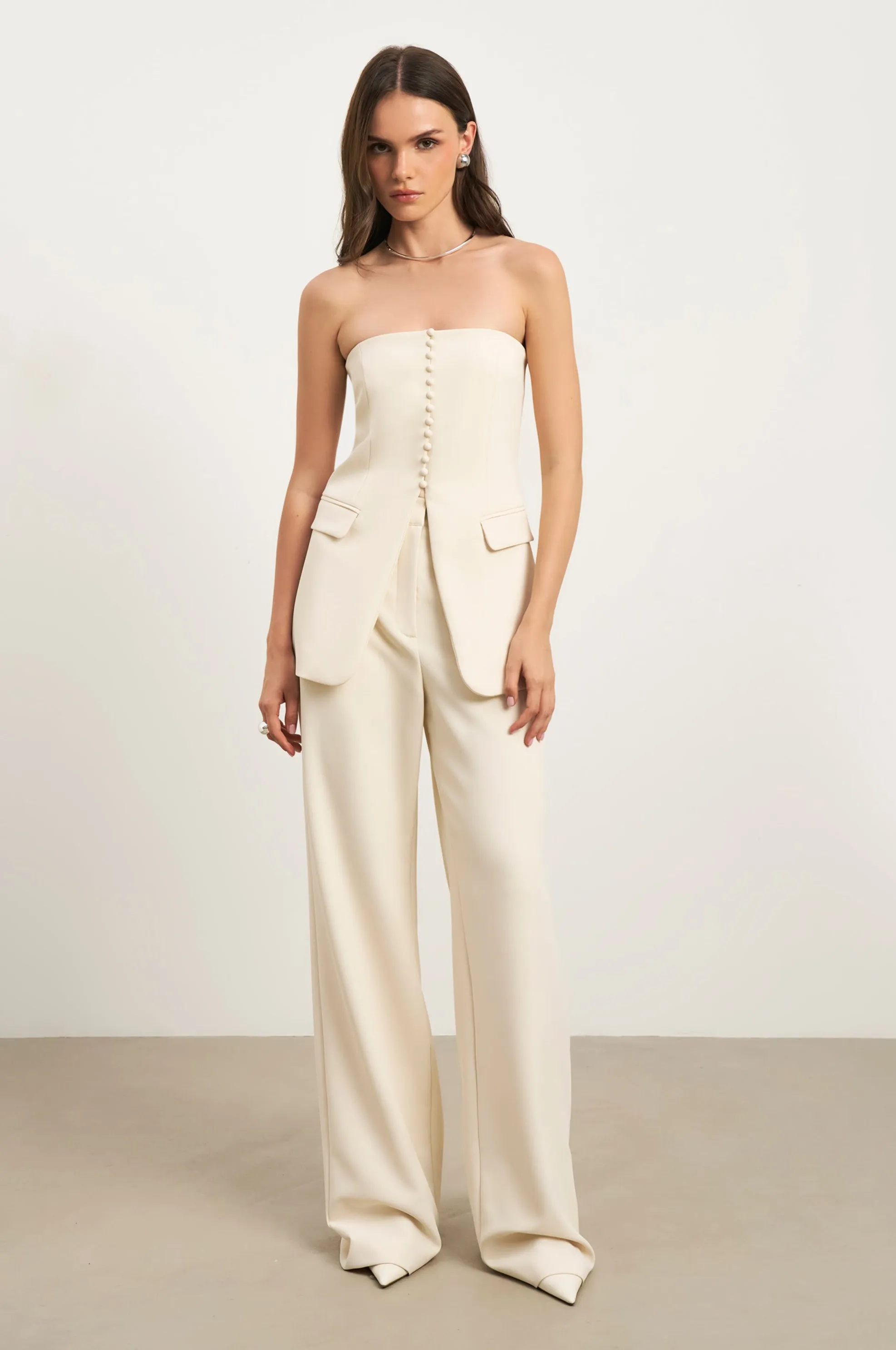 Strapless Peplum Bodice - Cream Reflective Accent Stripes Biodegradable Fiber Blend