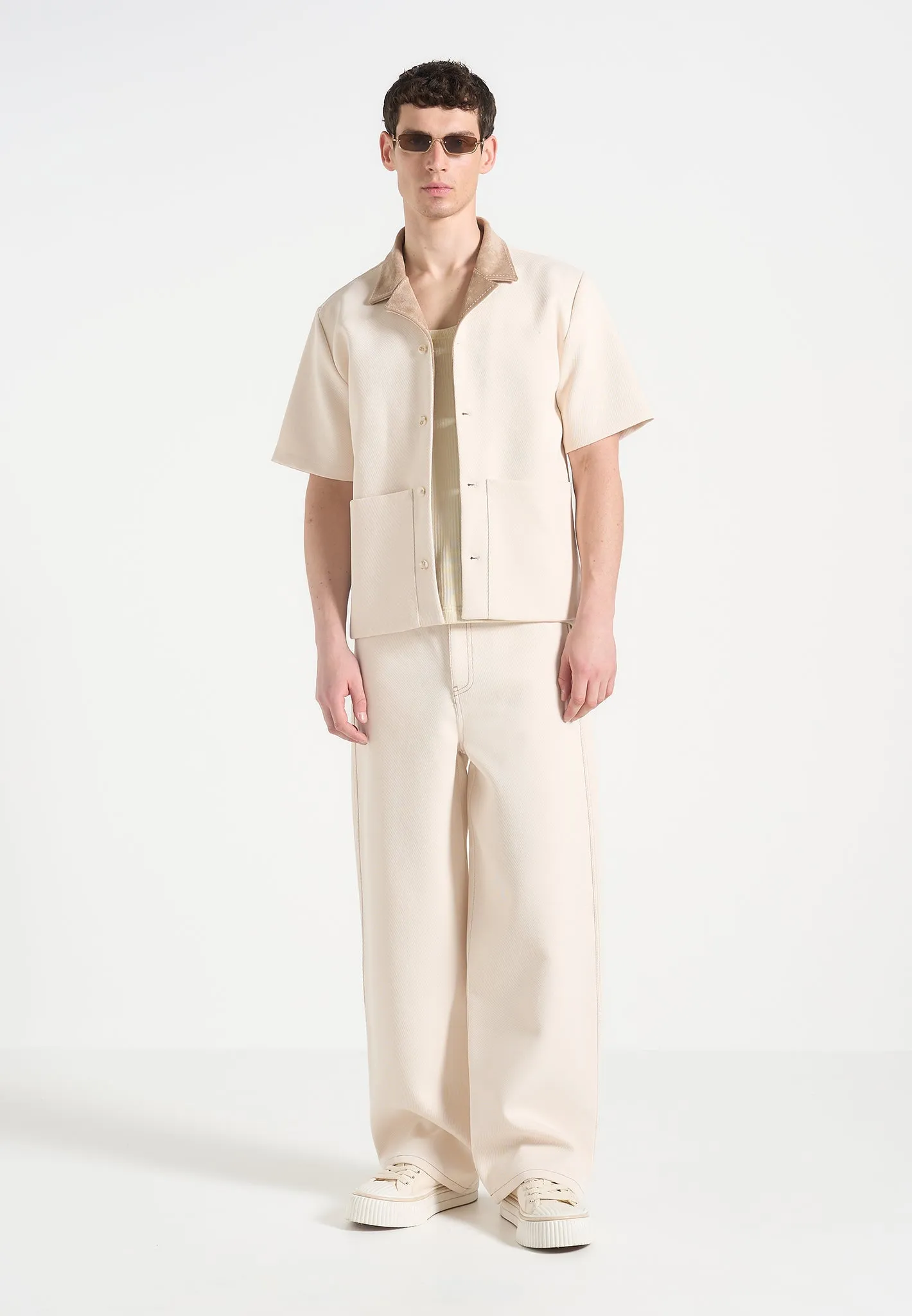 Joel - Twill Shirt with Suede Revere Collar  - Cream Resilient Fabric Blend High Collar Protection Design