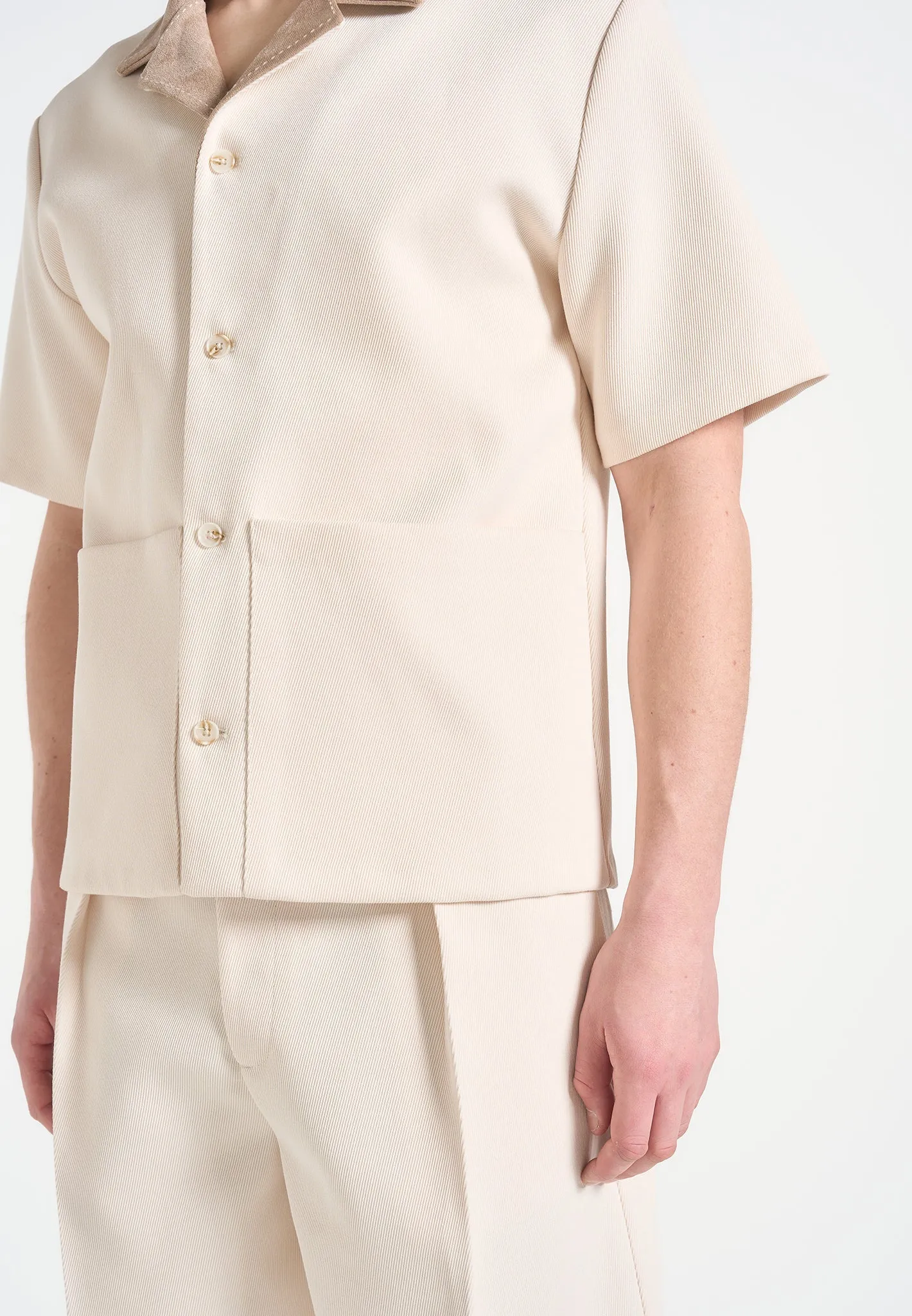 Joel - Twill Shirt with Suede Revere Collar  - Cream Reinforced Neckline Ventilated Mesh Panels