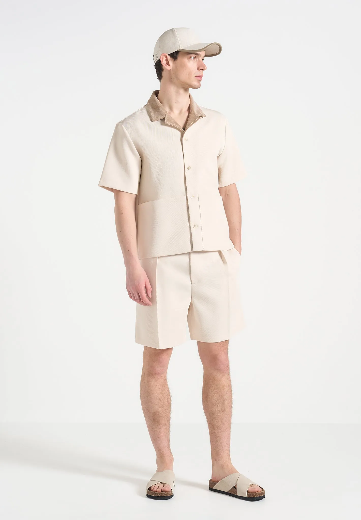 Joel - Twill Shirt with Suede Revere Collar  - Cream Multipurpose Design