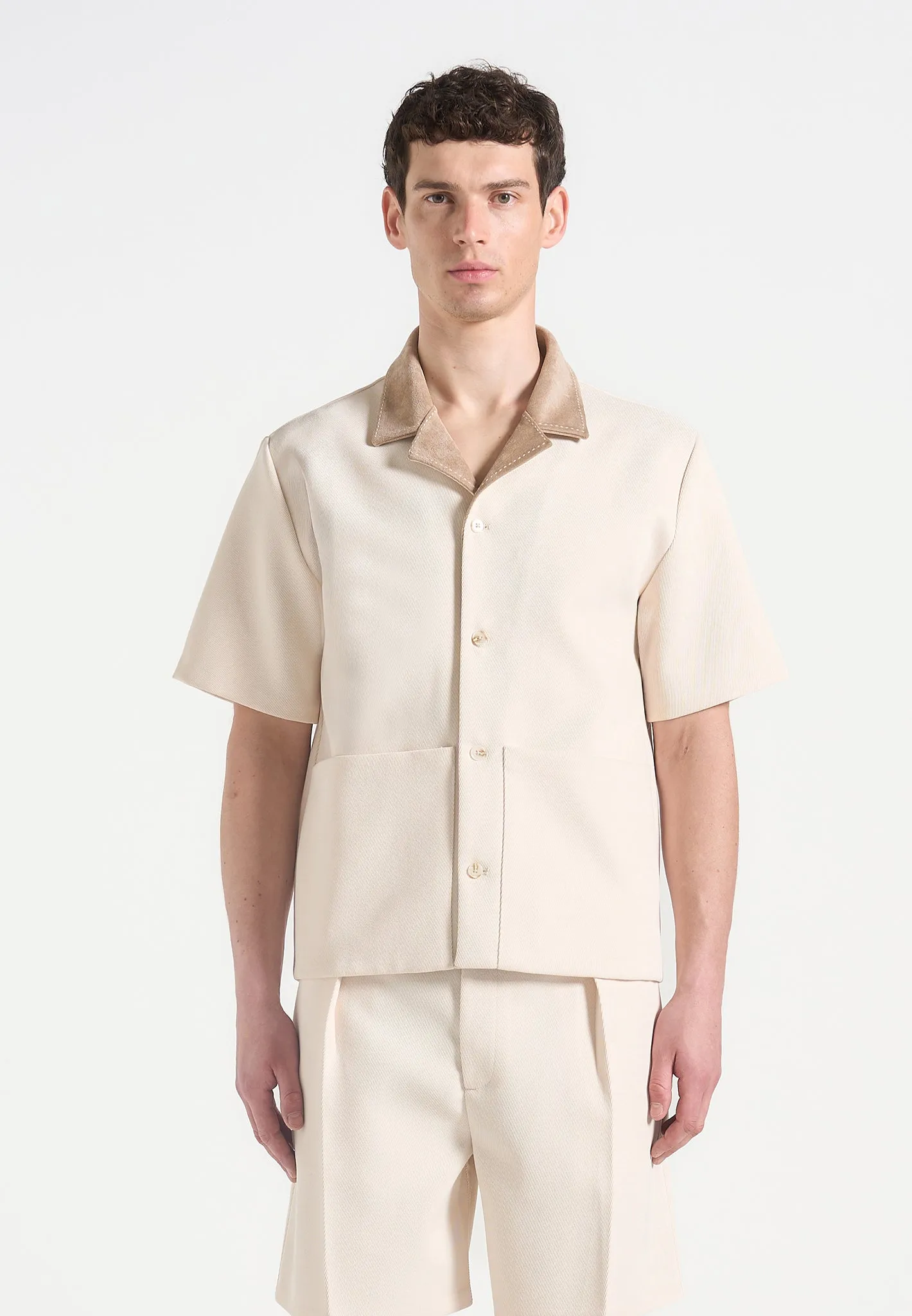 Joel - Twill Shirt with Suede Revere Collar  - Cream Bold Patterns Stylish Dress