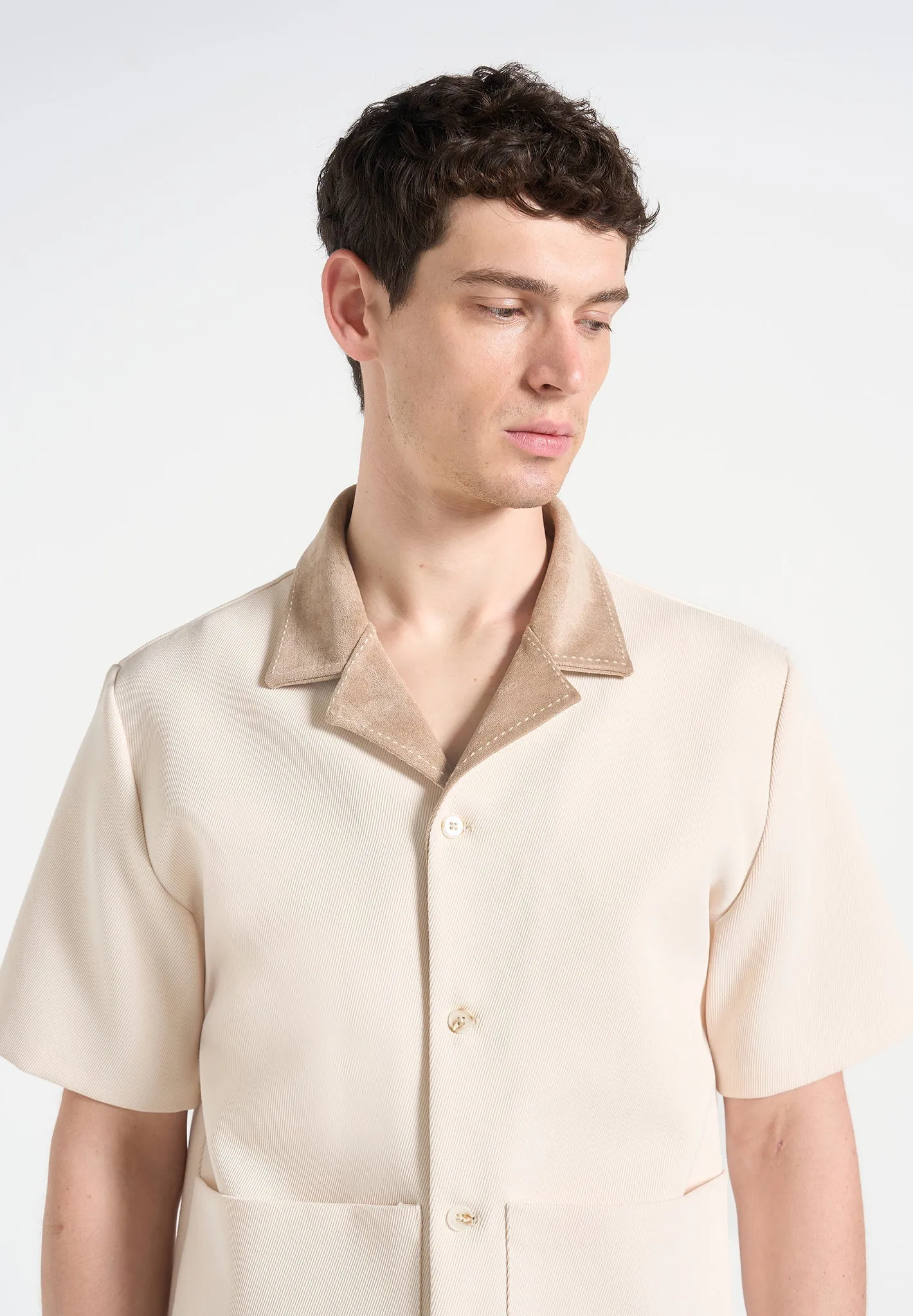 Joel - Twill Shirt with Suede Revere Collar  - Cream Quick Dry Tech Odor Resistant