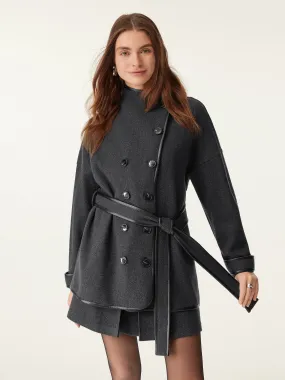 Eco-Leather Trimmed Coat With Belt Everyday Style QuickRelease Fastener