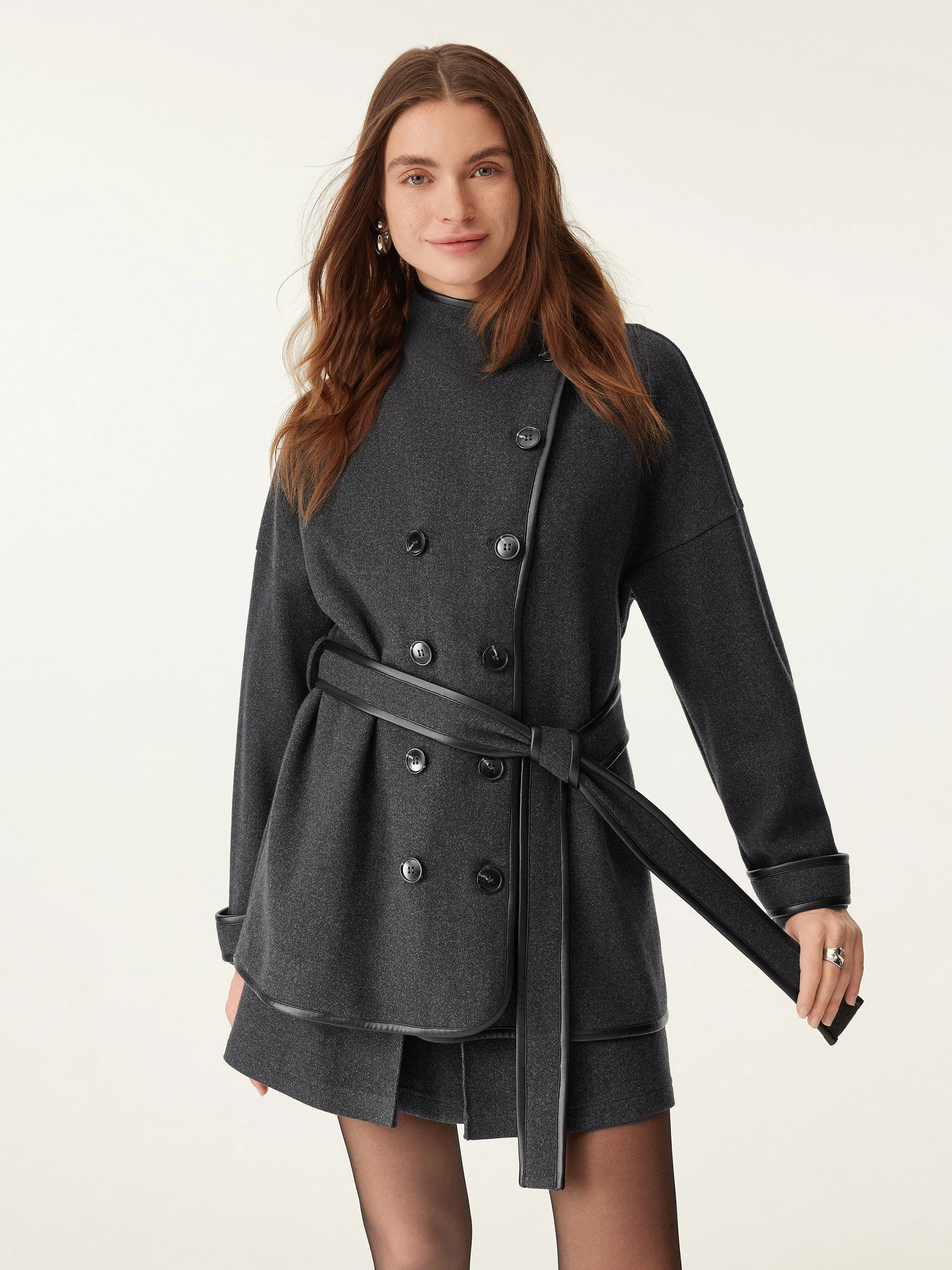 Eco-Leather Trimmed Coat With Belt Everyday Style QuickRelease Fastener