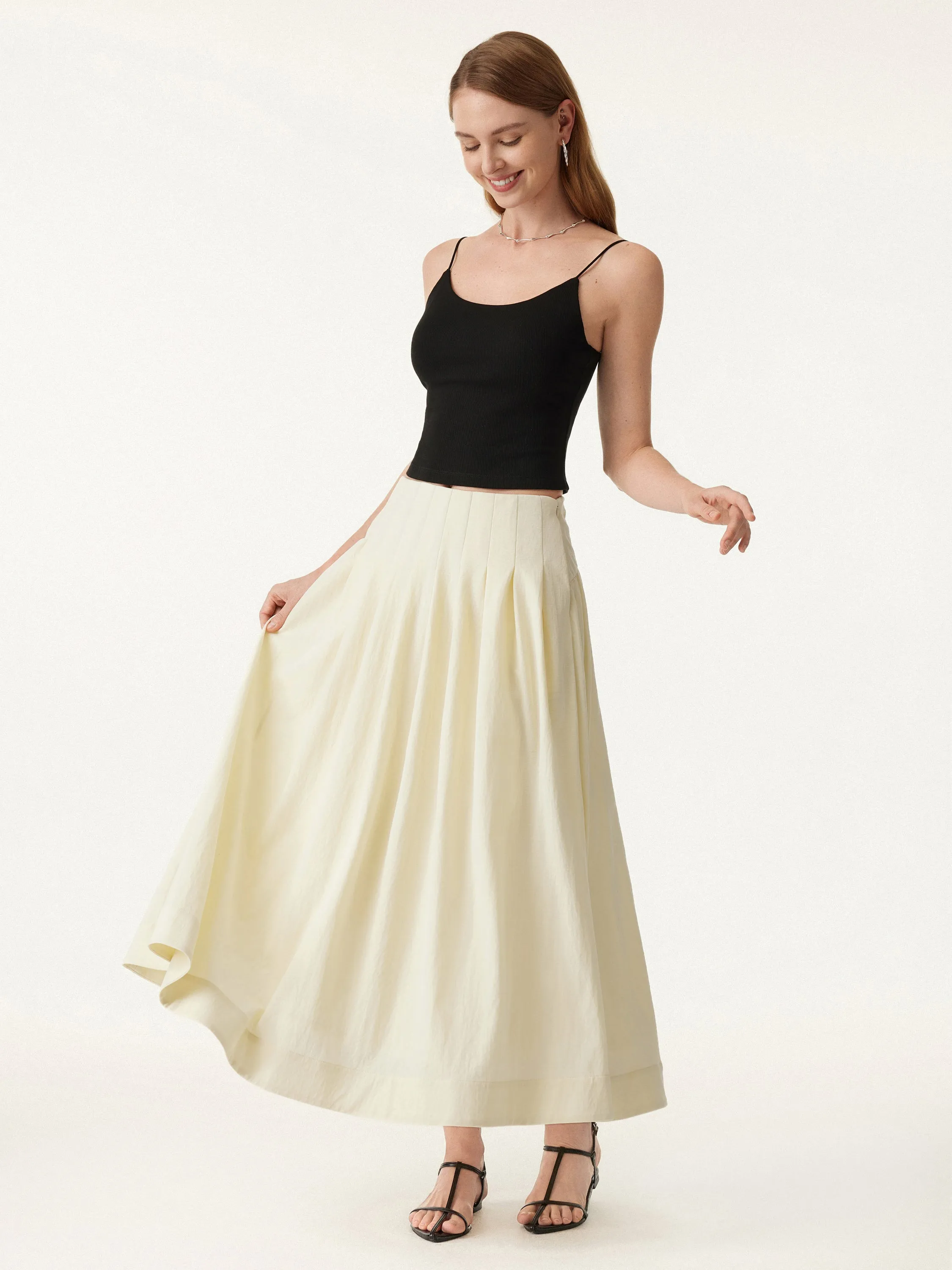 Wrinkle-resistant Cotton-linen Mid Rise Pleated Midi Skirt Boho chic Low Maintenance