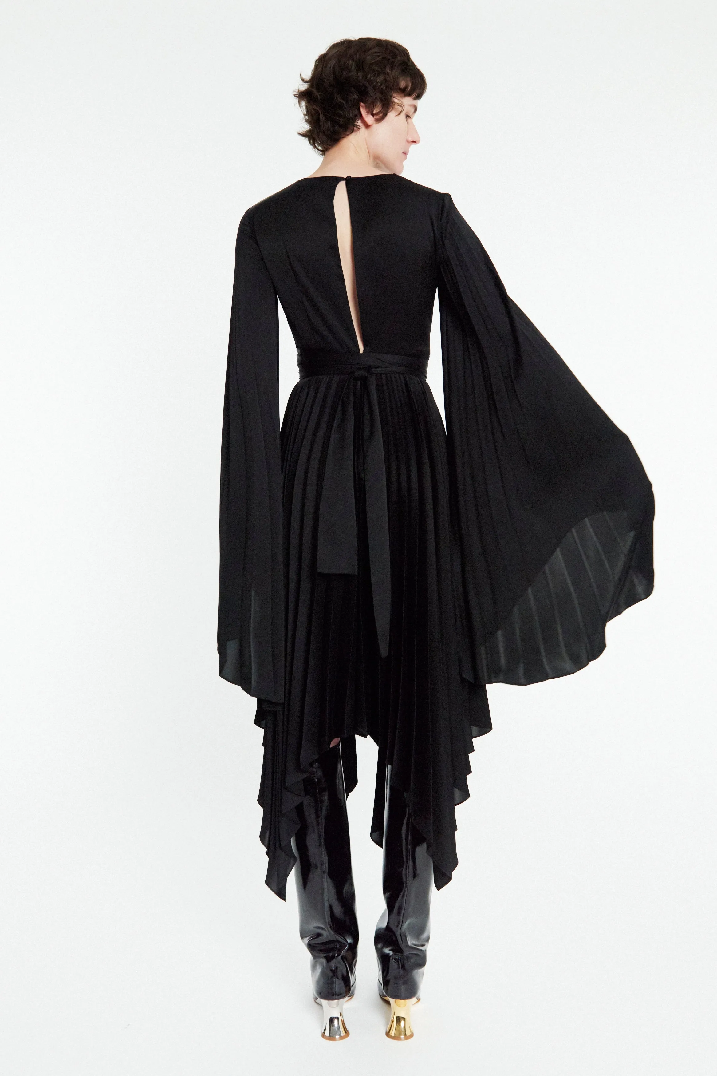Vibrant Wear Quick Elegance Wrap Around Midi Dress With Pleated Skirt And Sleeves Black