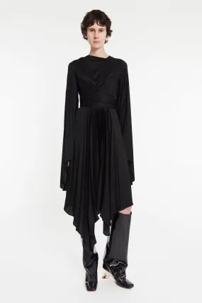 Wrap Around Midi Dress With Pleated Skirt And Sleeves Black Midi-Length