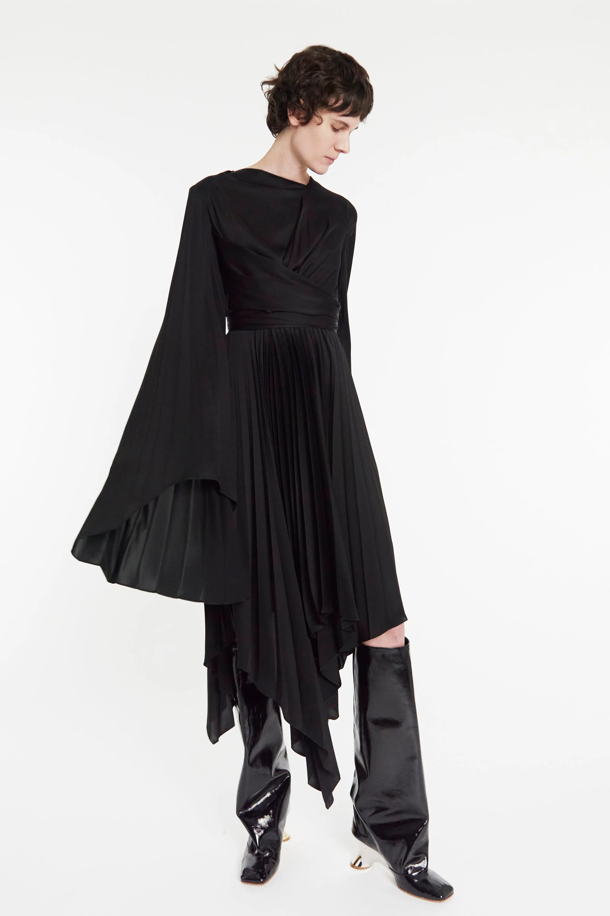 Wrap Around Midi Dress With Pleated Skirt And Sleeves Black Perfect Fit Lightweight Wear