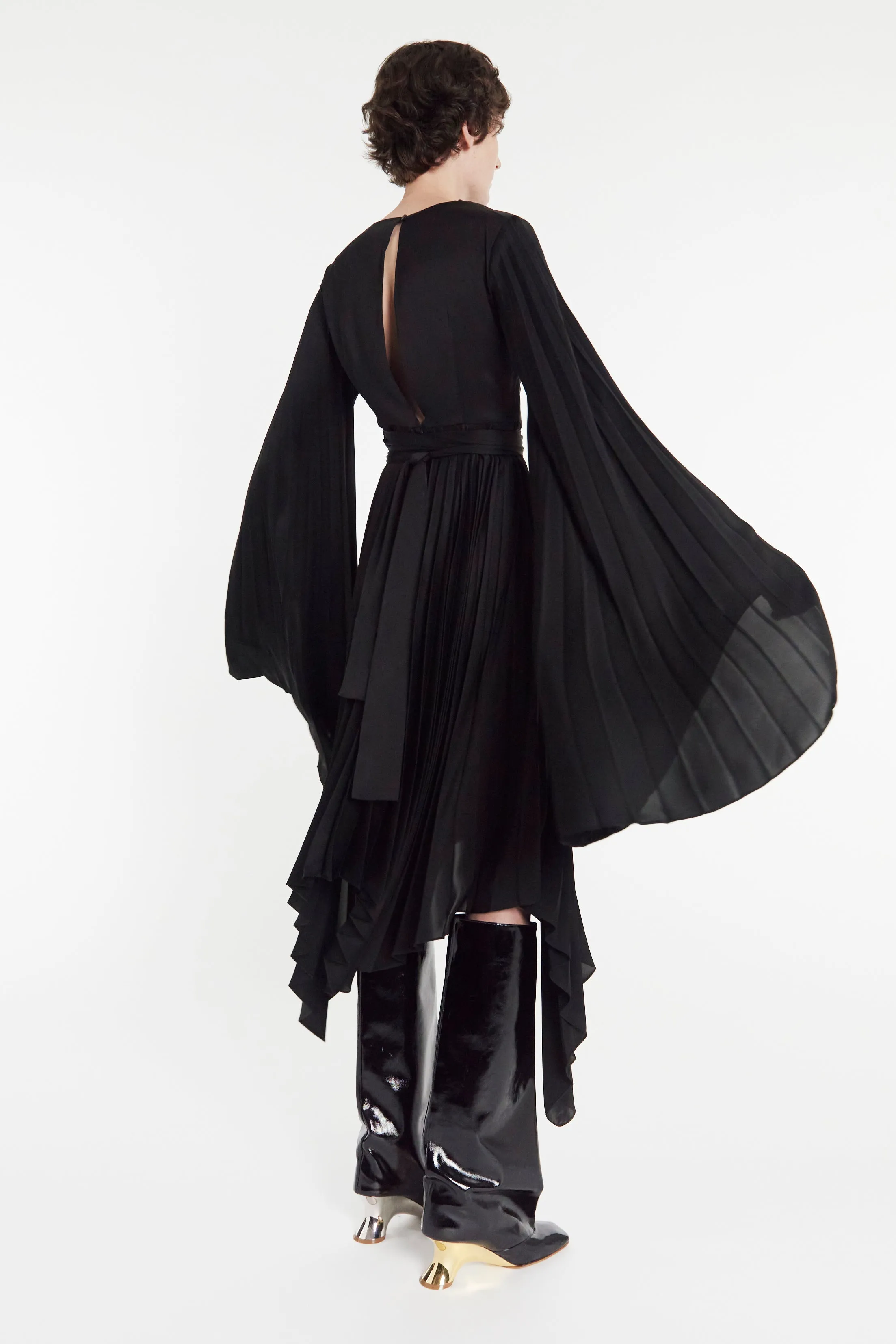 Smile Glow Wrap Around Midi Dress With Pleated Skirt And Sleeves Black