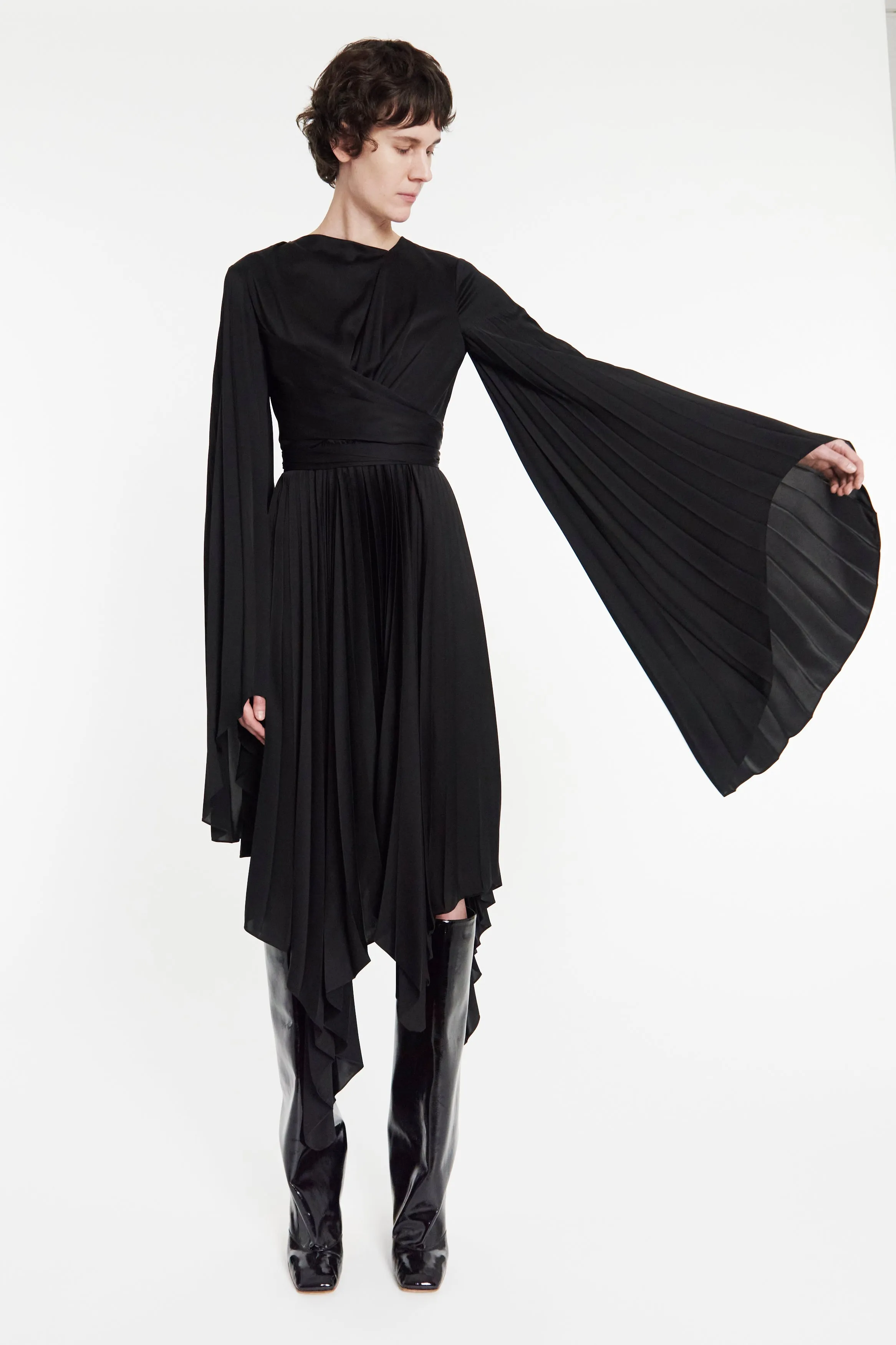 Wrap Around Midi Dress With Pleated Skirt And Sleeves Black boho vibe Timeless and Comfortable