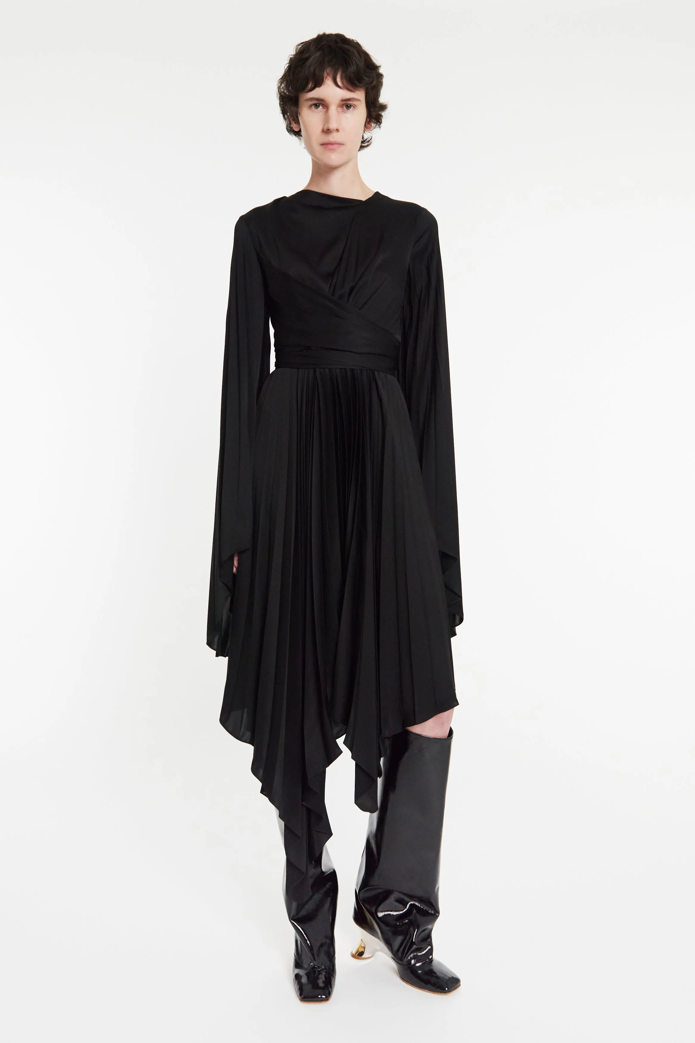 Wrap Around Midi Dress With Pleated Skirt And Sleeves Black Midi-Length