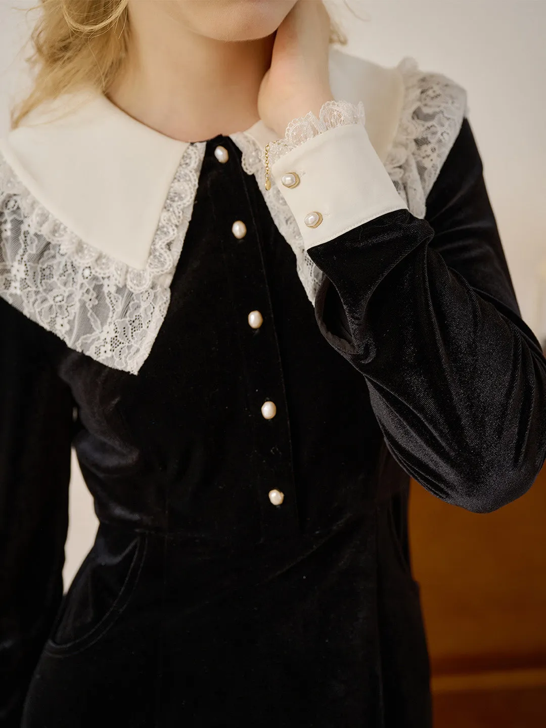 Eden Contrast Collar Button Front Velvet Dress Subtle Flex Trendy Vibes