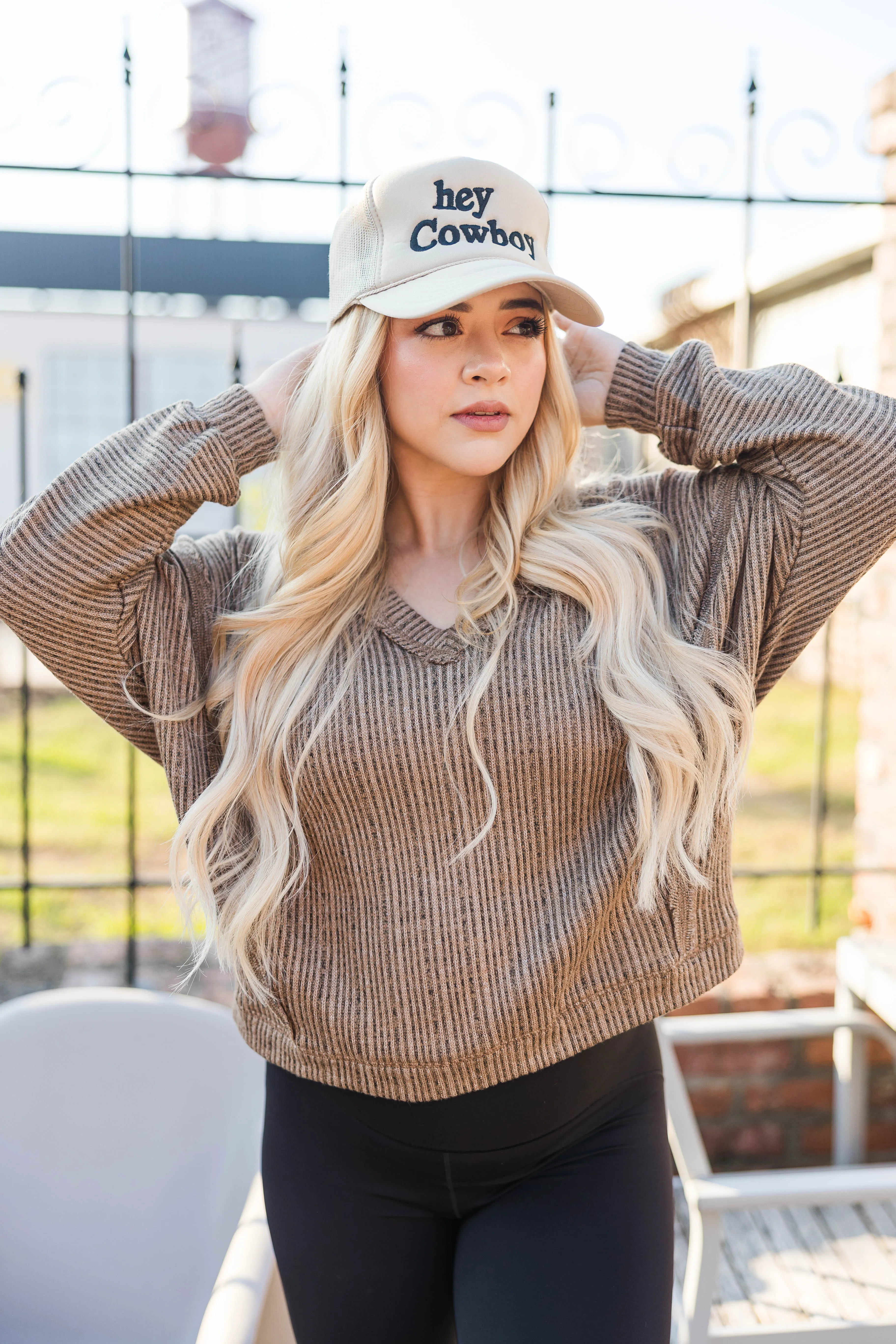 Hillsboro V Neck Sweater- Tan Printed Hoodie YarnDyeStripe