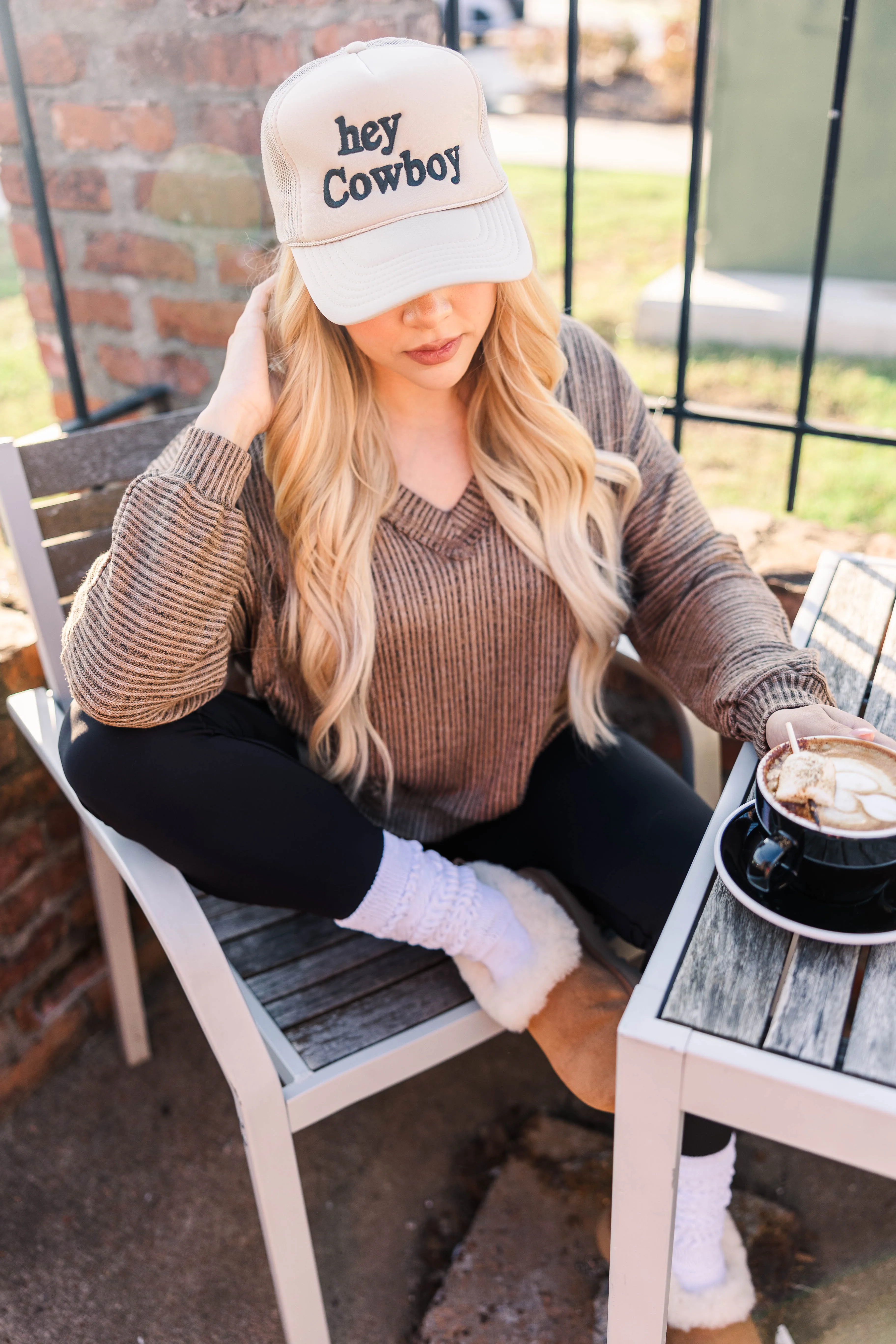 Hillsboro V Neck Sweater- Tan Curved Hem