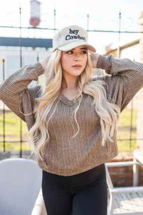 Hillsboro V Neck Sweater- Tan Printed Hoodie YarnDyeStripe