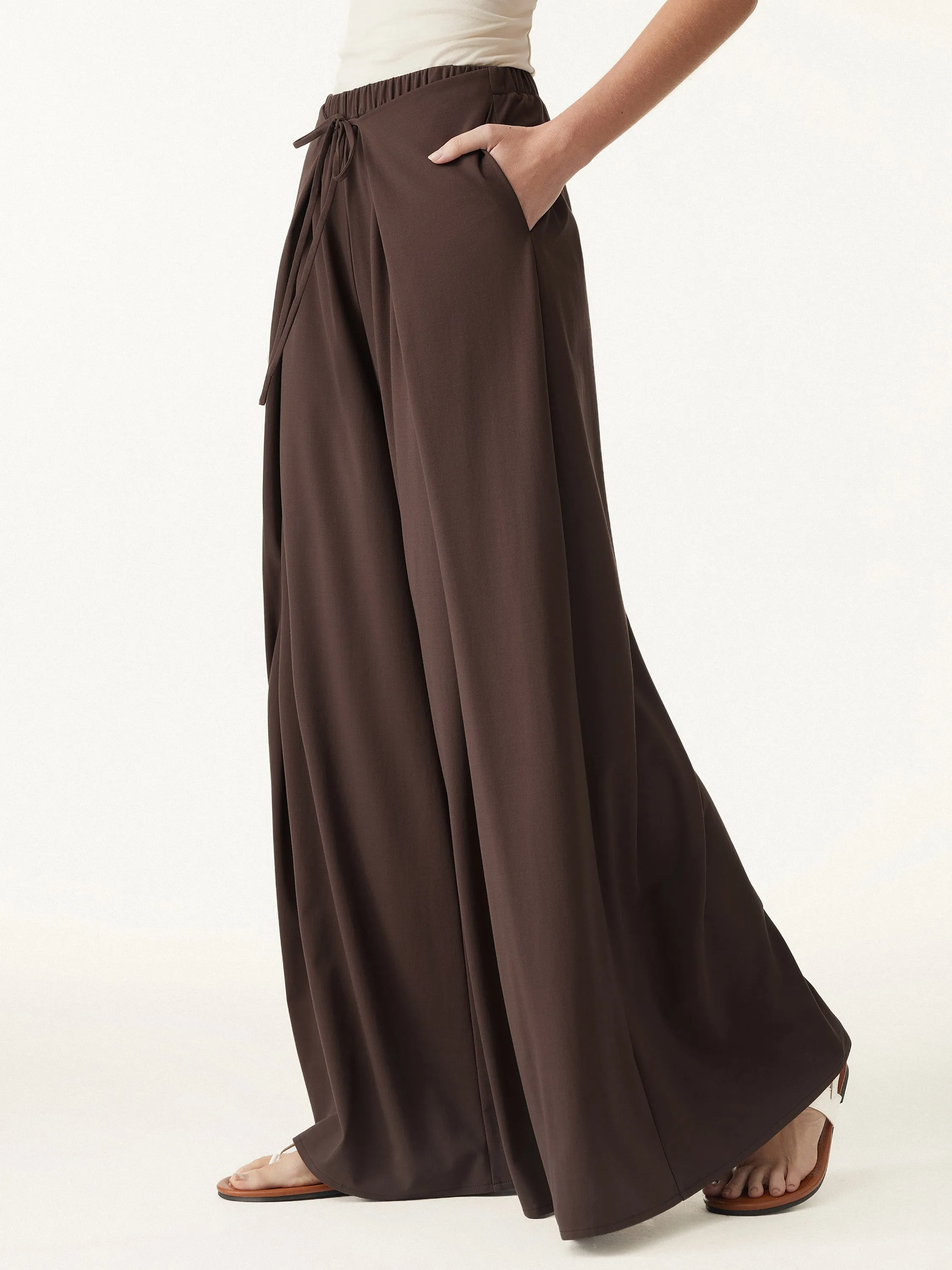 Bamboo Ponte Wrap-tie Palazzo Pants with Pockets Non Slip Waistband
