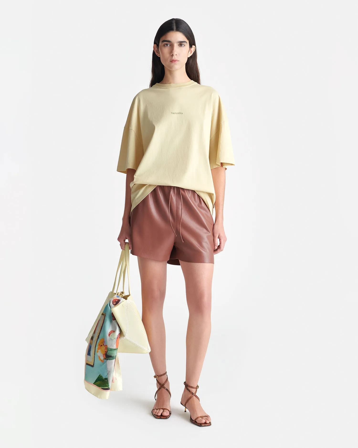 Wren - Printed Cotton-Jersey T-Shirt - Creme/Gingerbread Heart Self Fabric Tie Closure HighCollar Design