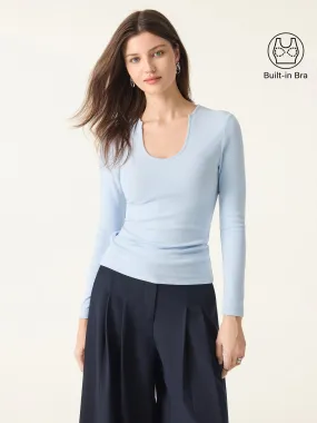 GarmentWashed Texture Light Warm Curved V-Neck Long Sleeve Brami Top