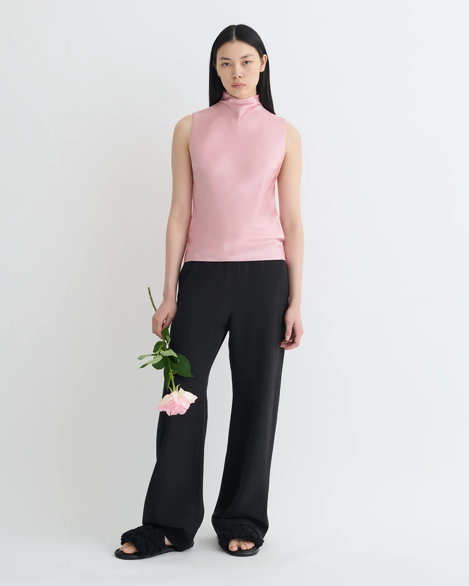 PolishedFinish Curved Hemline Colson - Slip Satin Turtleneck Top - Pink