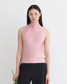 FlatlockStitching Curved Hemline Colson - Slip Satin Turtleneck Top - Pink