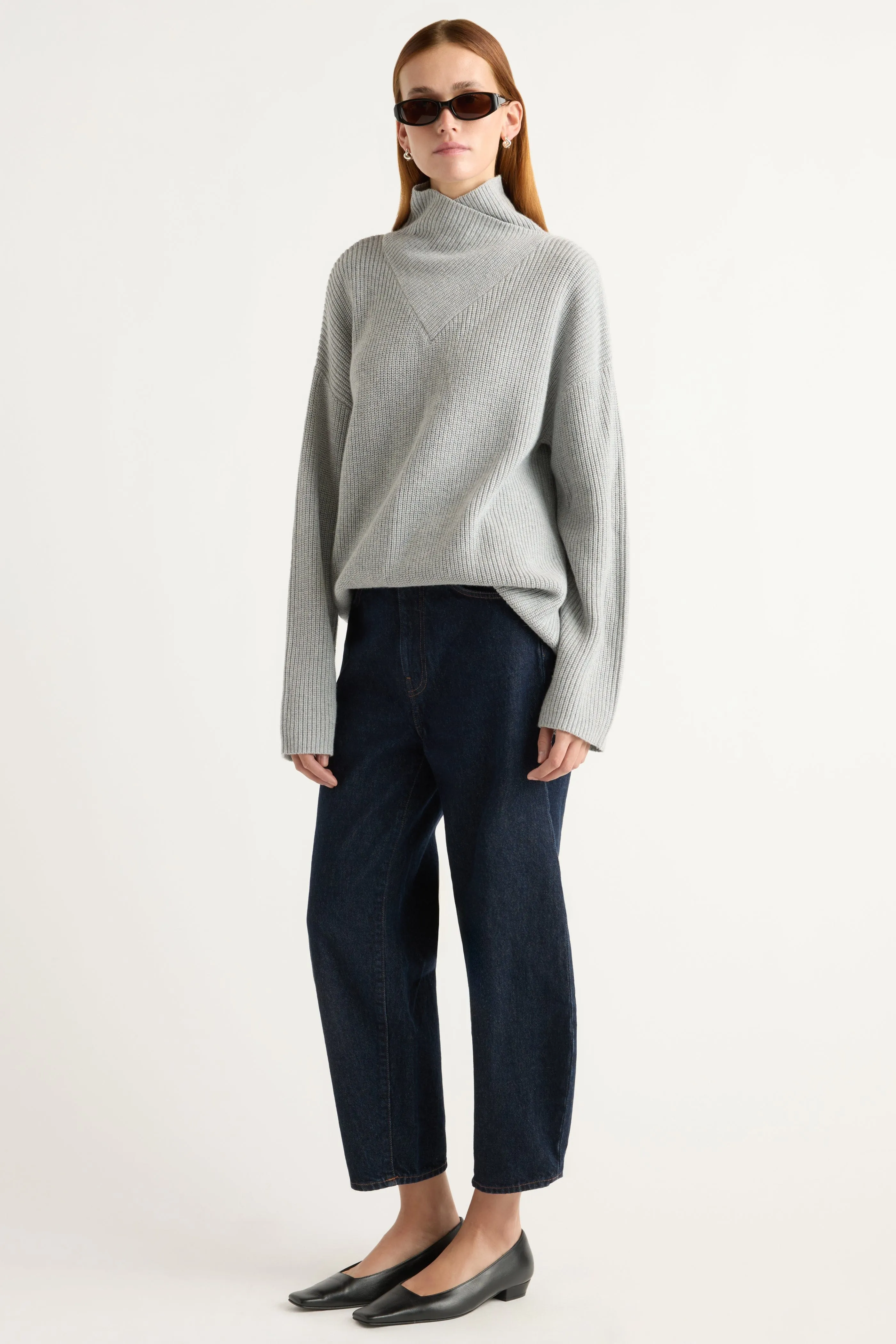 Comfy and Stylish Basic Layering Daria Wrap-Neck Organic Cotton-Wool Sweater