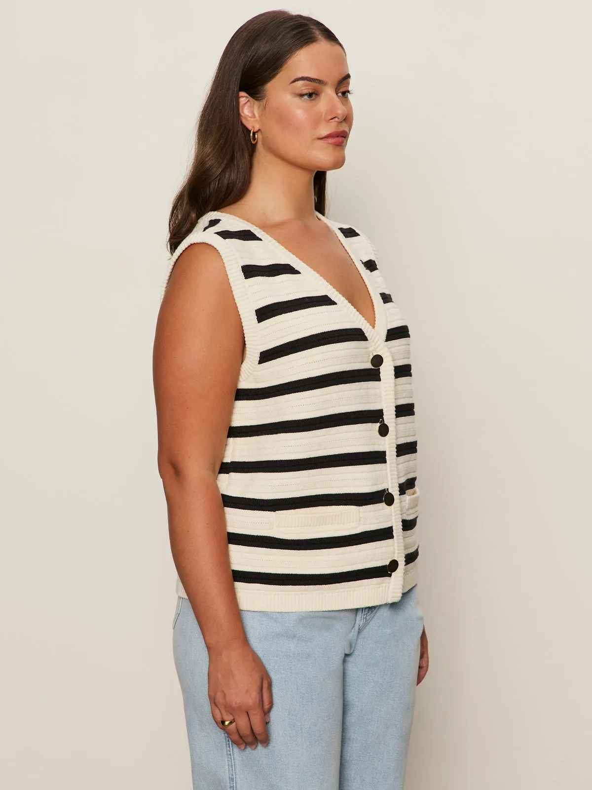 Weekend Wear Textured Sweater Vest Macrame/ Black Stripe 3 Extended Sizing