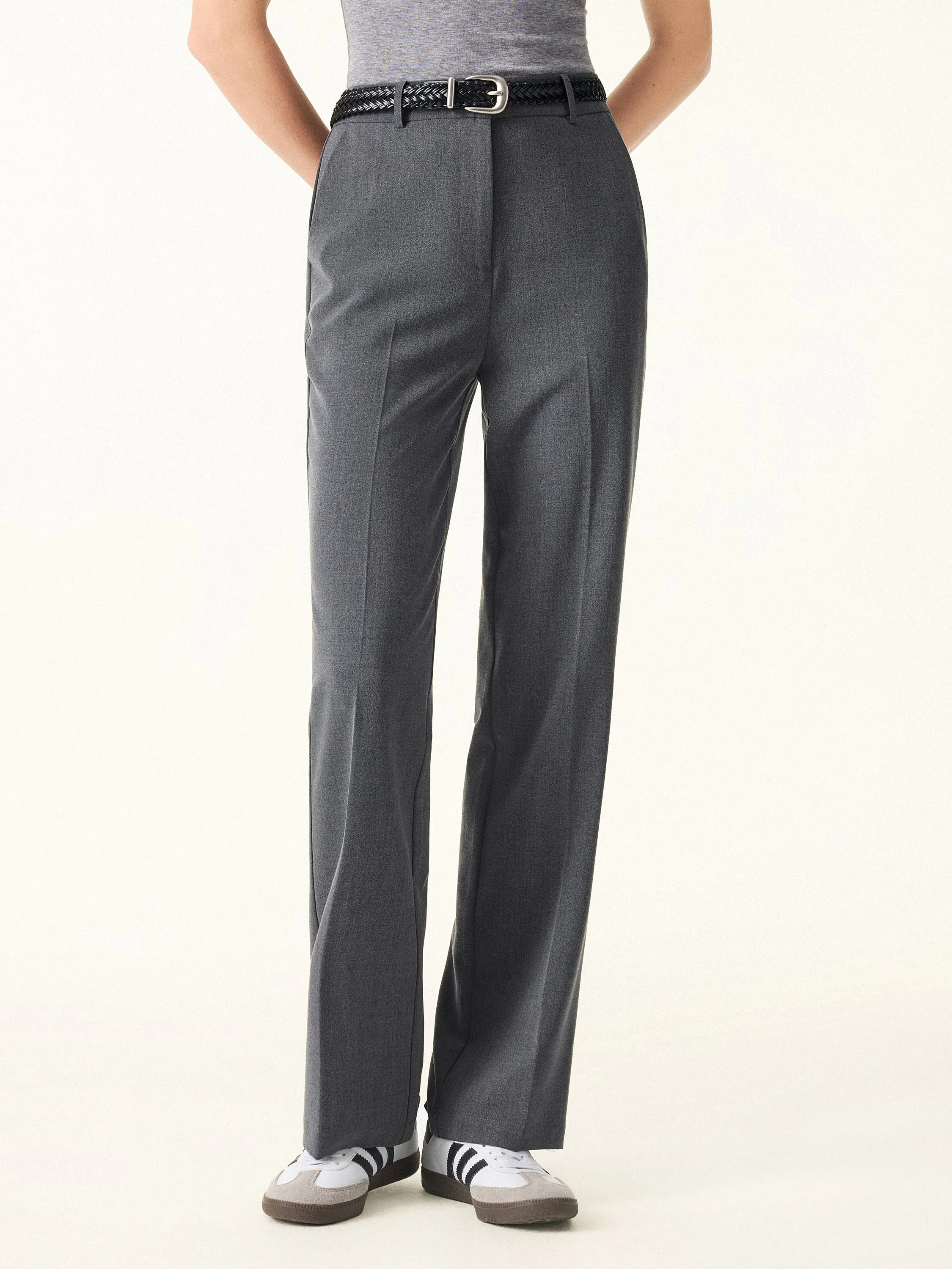 Mid Rise Straight Leg Creased Trousers with Pockets Rubberized Hem