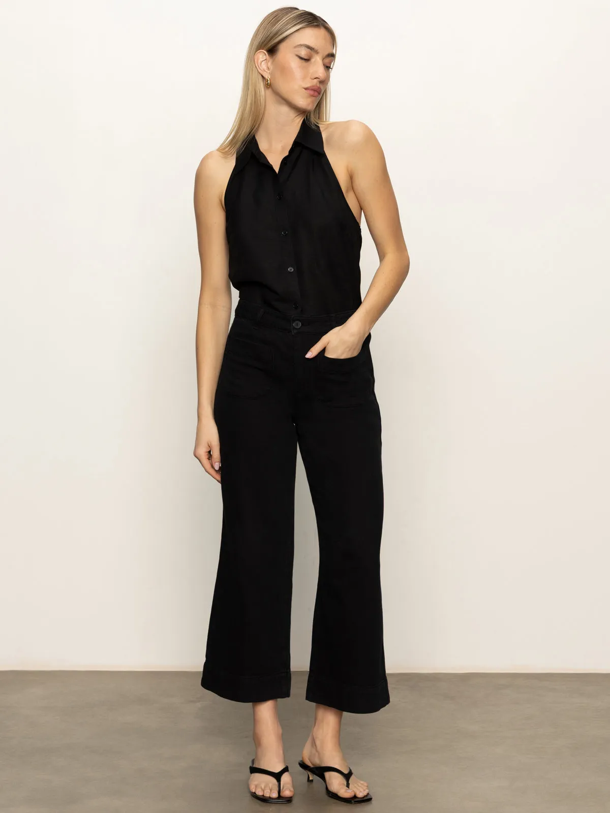 Form Fitting Soft Marine Wide Leg Standard Rise Crop Pant Black