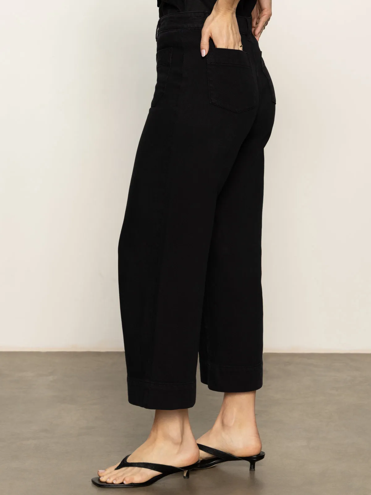 Button front Soft Marine Wide Leg Standard Rise Crop Pant Black