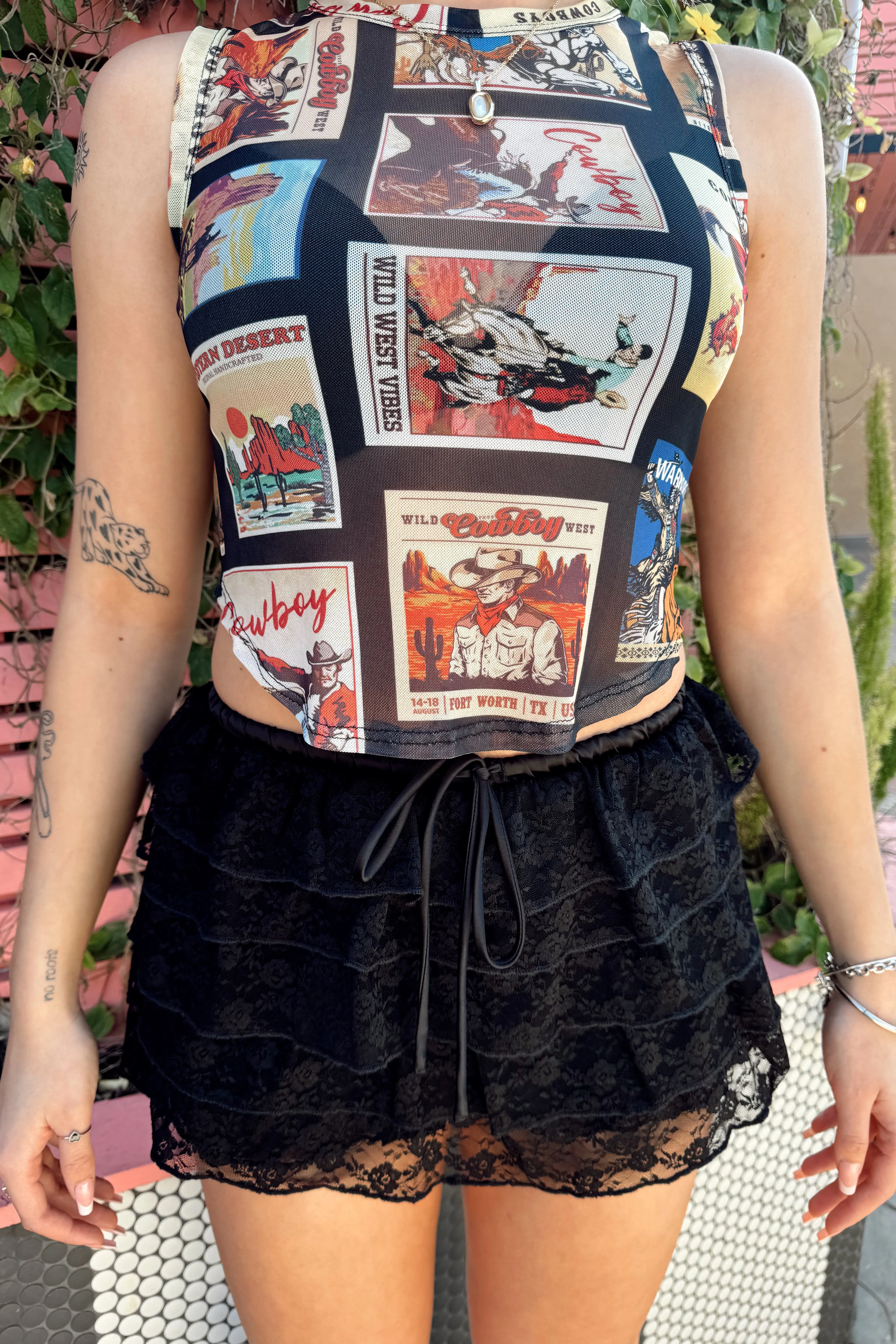 Western Stamped Mesh Crop Tank Sun Protection Fabric