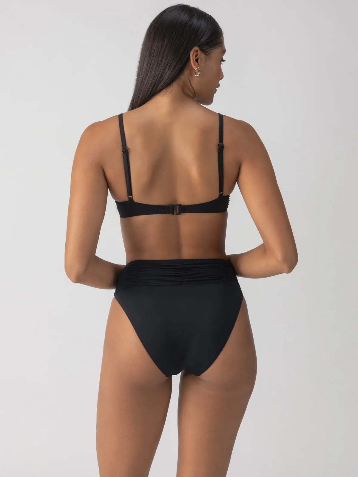 Beach Goddess Excess Shirr Cup Bikini Top Black Stretch Woven Material Odor Resistant Coating