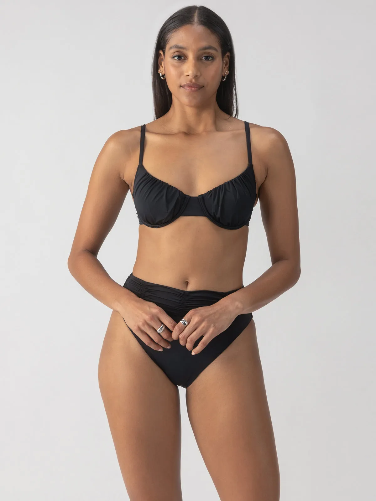 Beach Goddess Excess Shirr Cup Bikini Top Black Flexible Hemline