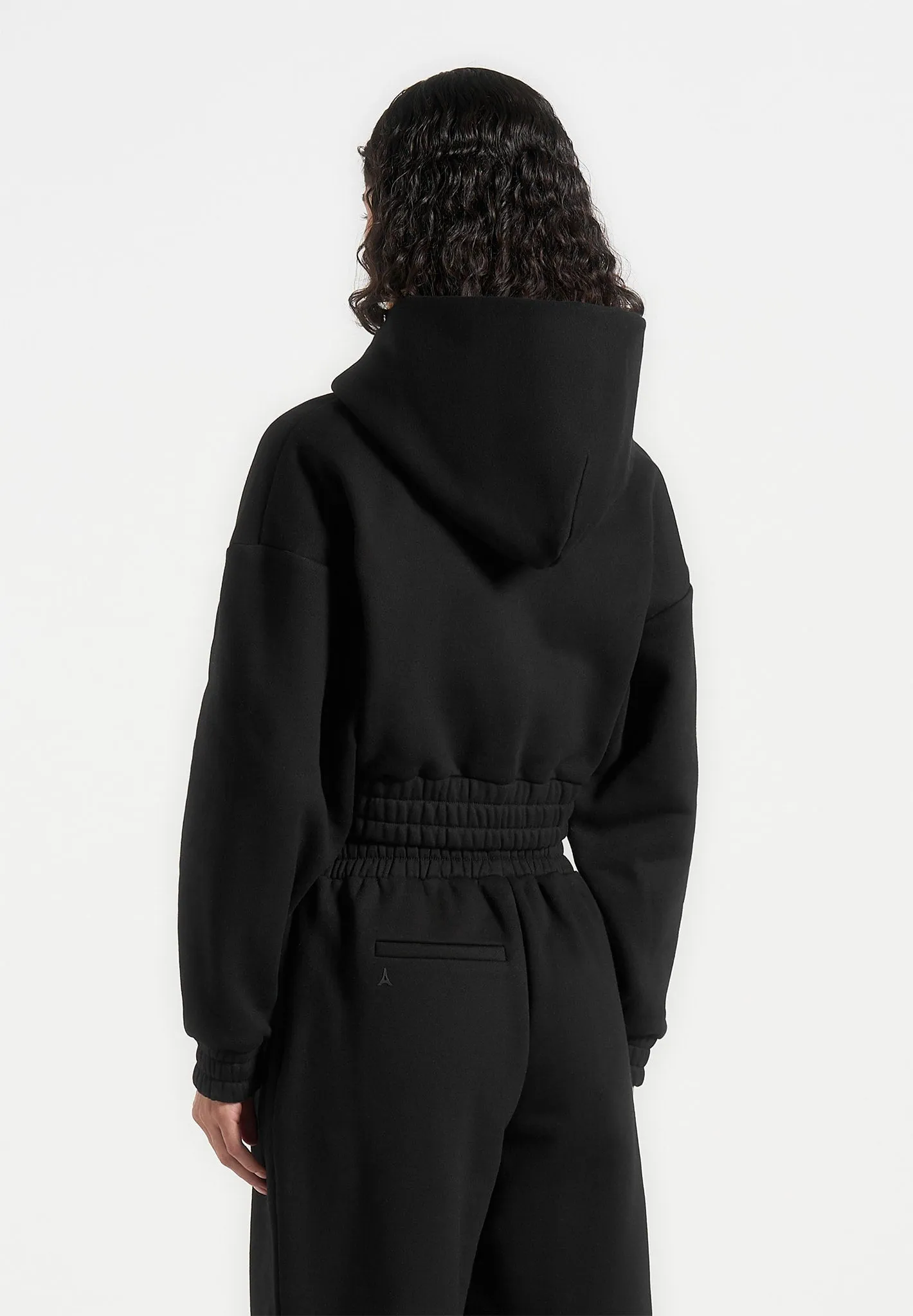 Josiane - Relaxed Zip Through Hoodie - Black Flexible Ribbing Tencel Cotton Hybrid Weave