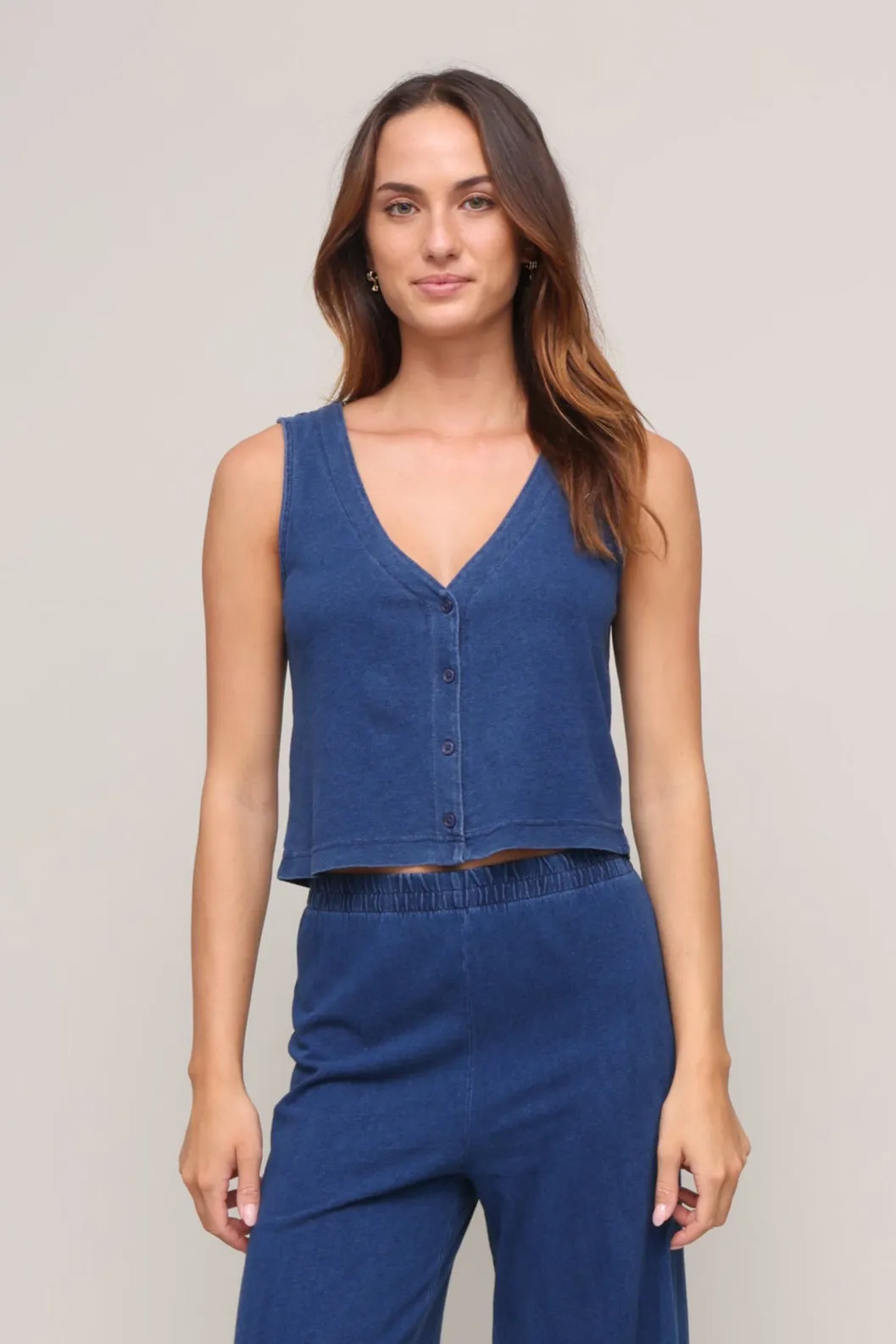 RibbedNeckline StaticResistant Material Solace Jersey Denim Top