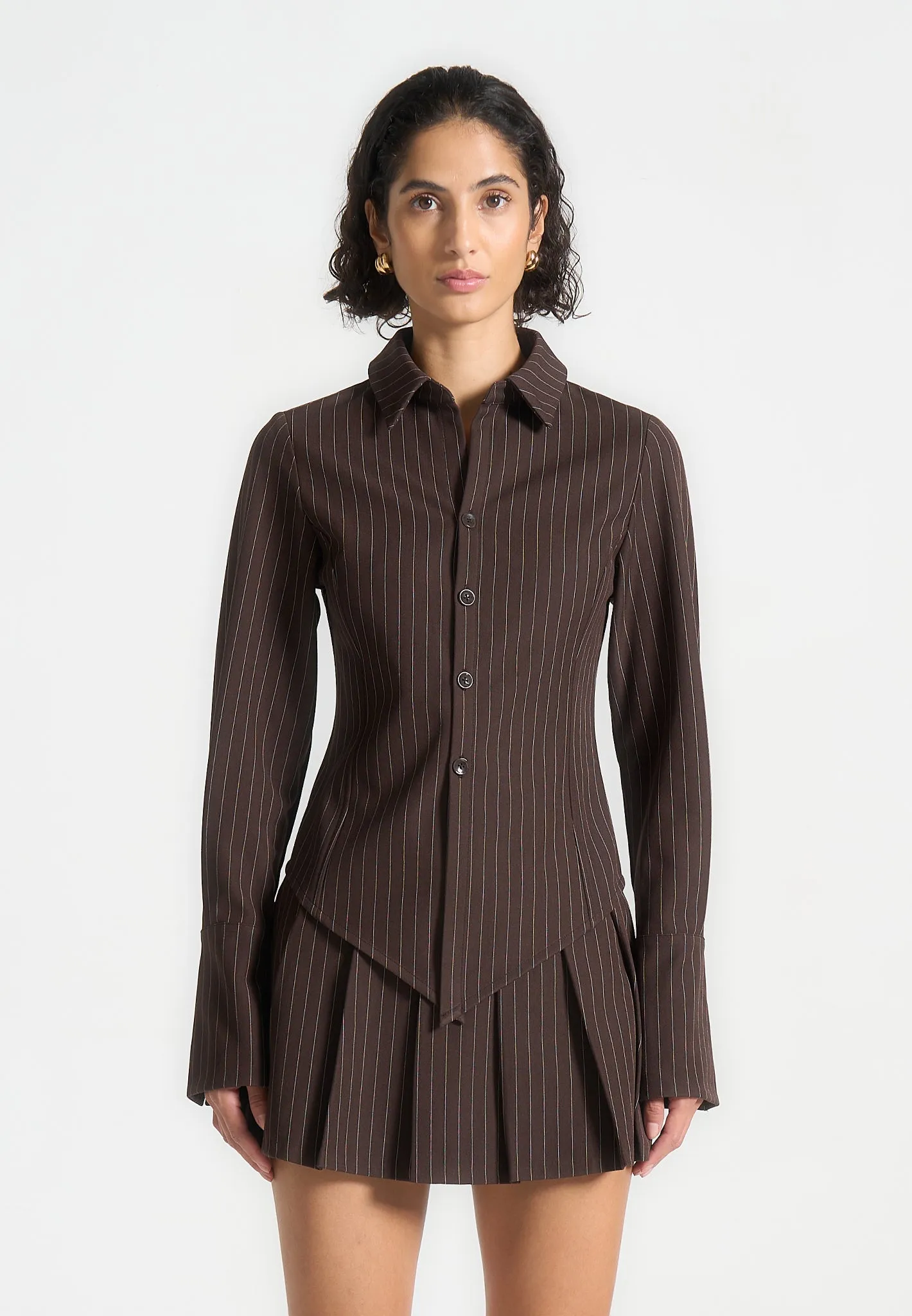 Sonia - Pinstripe Angled Shirt - Brown Crisp Wearable Smart Wearable