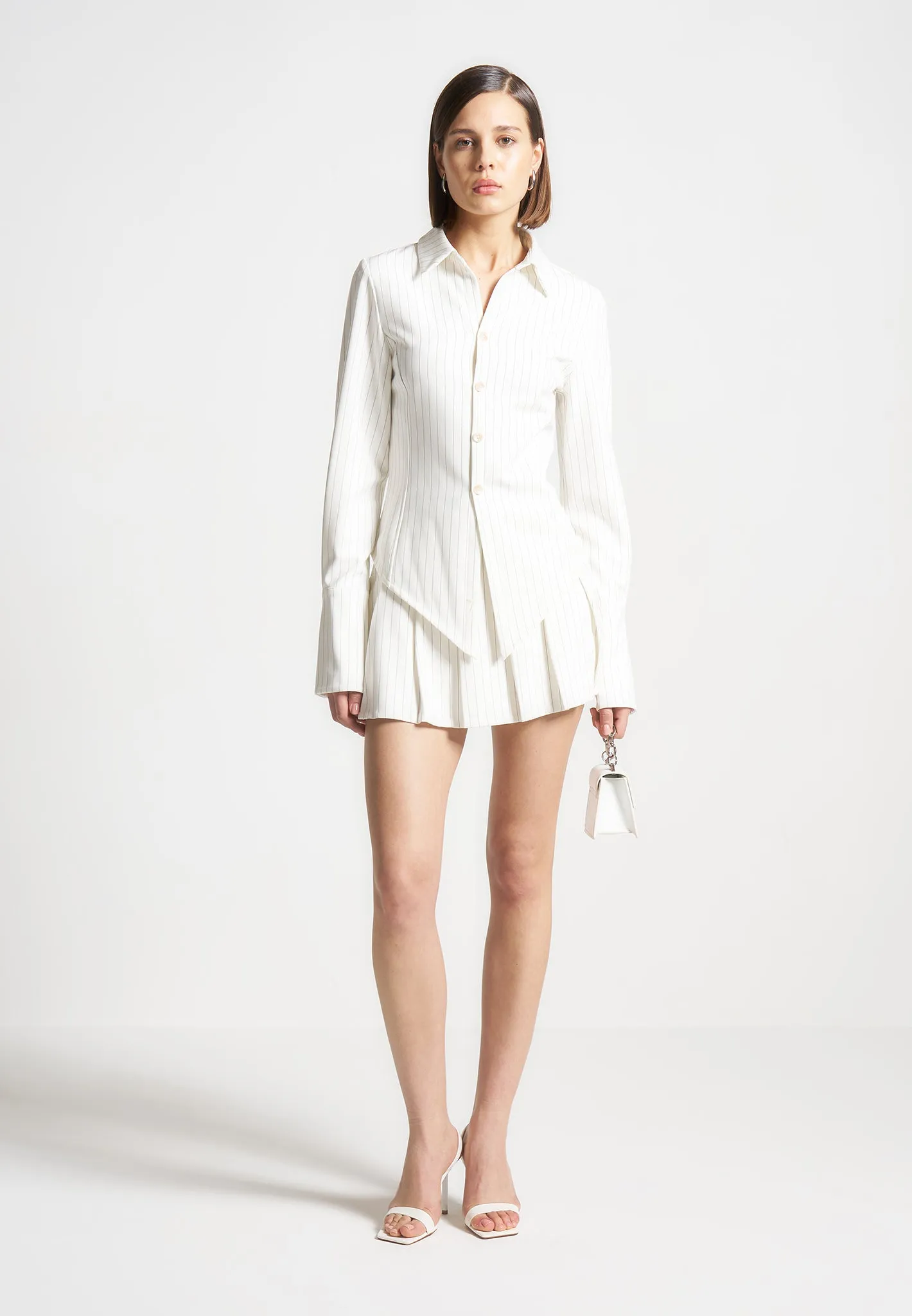 Sonia - Pinstripe Angled Shirt - White Flattering Look