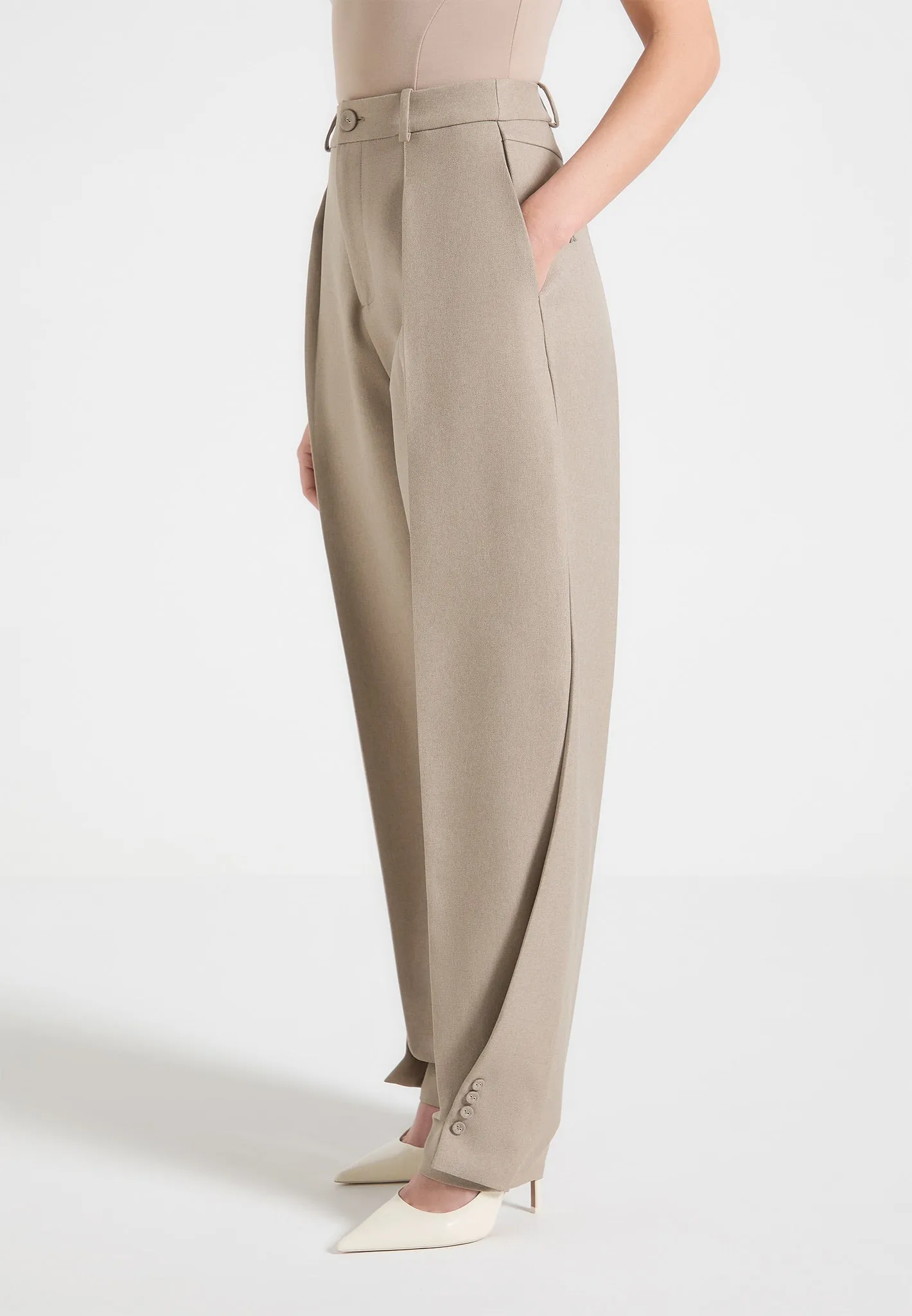 Sophie - Twist Leg Tailored Trousers - Taupe Smart Layer Sharp Lines