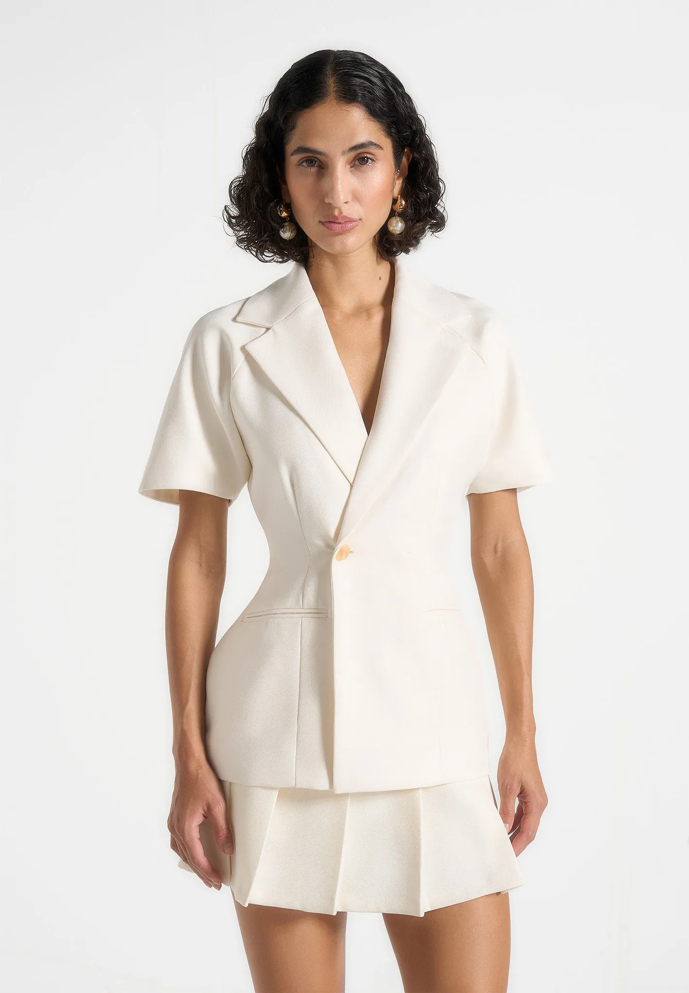 Malika - Double Breasted Short Sleeve Blazer - Cream Business Ready Fit