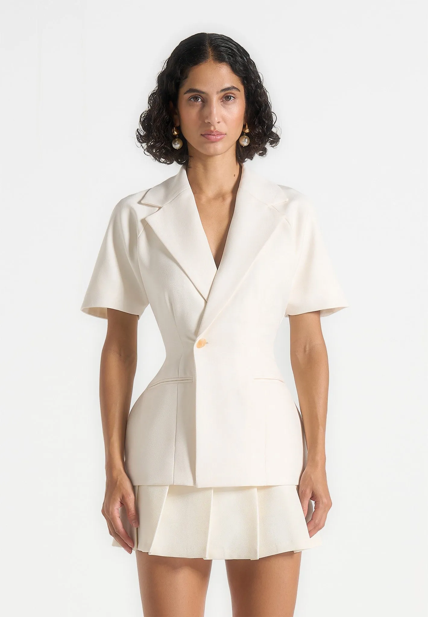 Relaxed Fit Malika - Double Breasted Short Sleeve Blazer - Cream