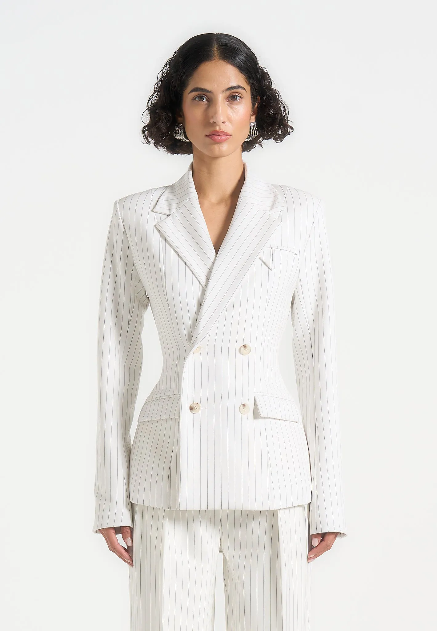 Formal Style Non Restrictive Cut Maia - Pinstripe Double Breasted Blazer - White