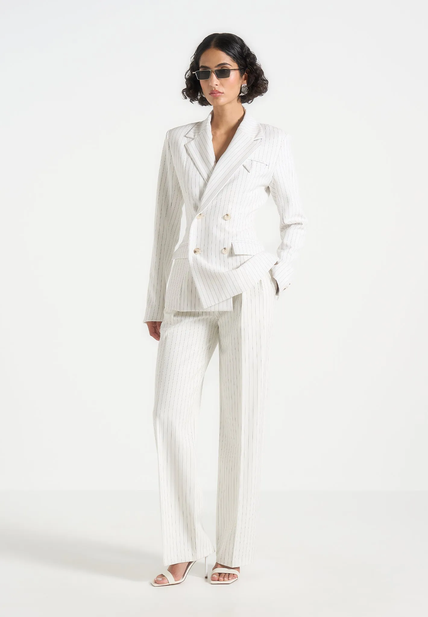 Maia - Pinstripe Double Breasted Blazer - White Formal Style