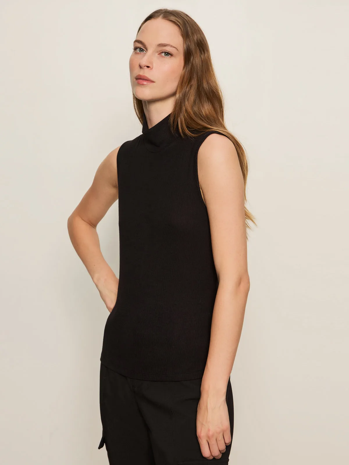 Recycled Swimwear Side Tie Essential Sleeveless Mock Neck Tank Black