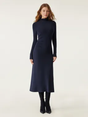 Casual Chic Wear Heat-Tech Long Sleeves Mockneck Tucks Midi Dress