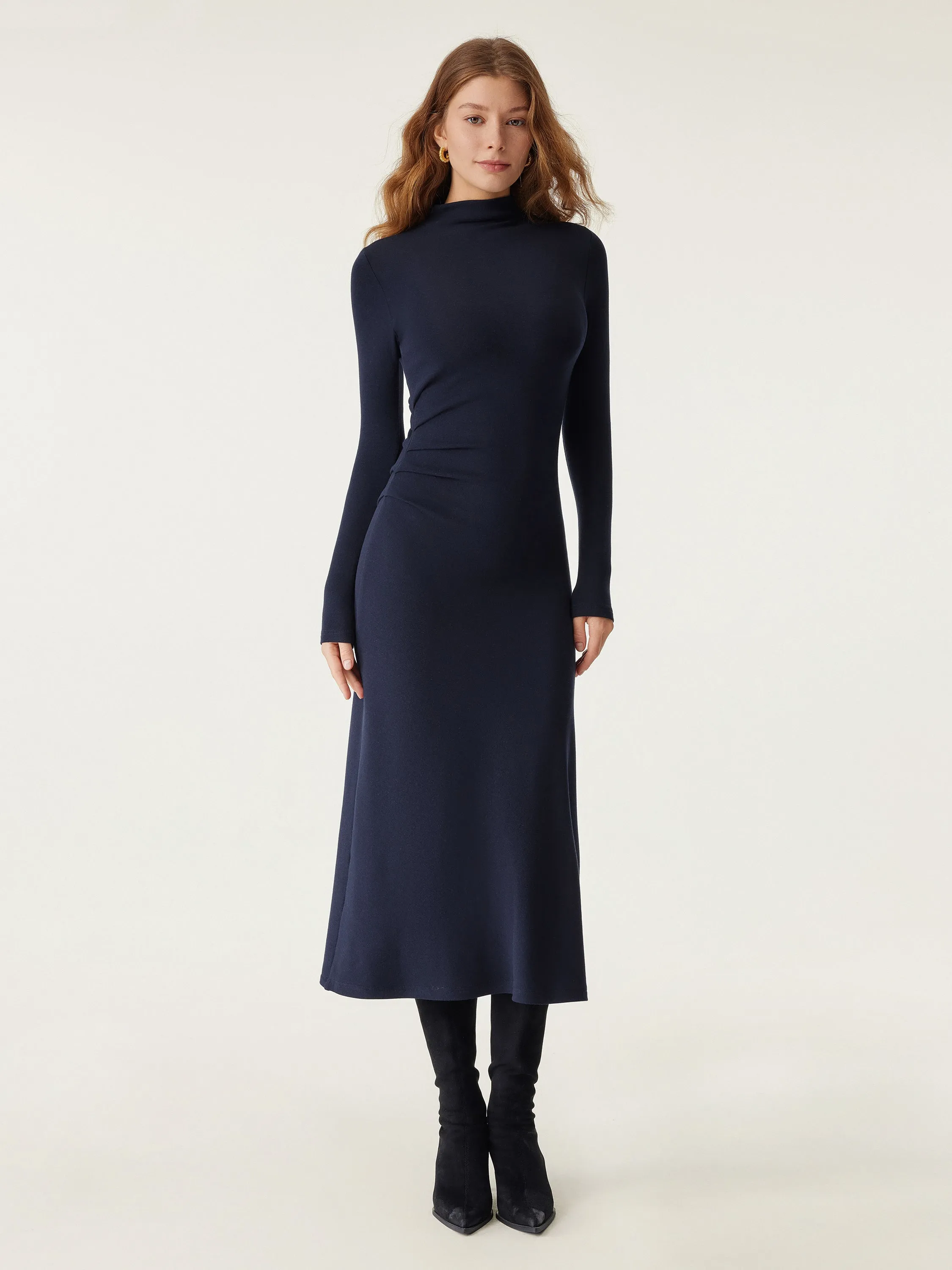 Work Fitwear Style Upgrade Heat-Tech Long Sleeves Mockneck Tucks Midi Dress