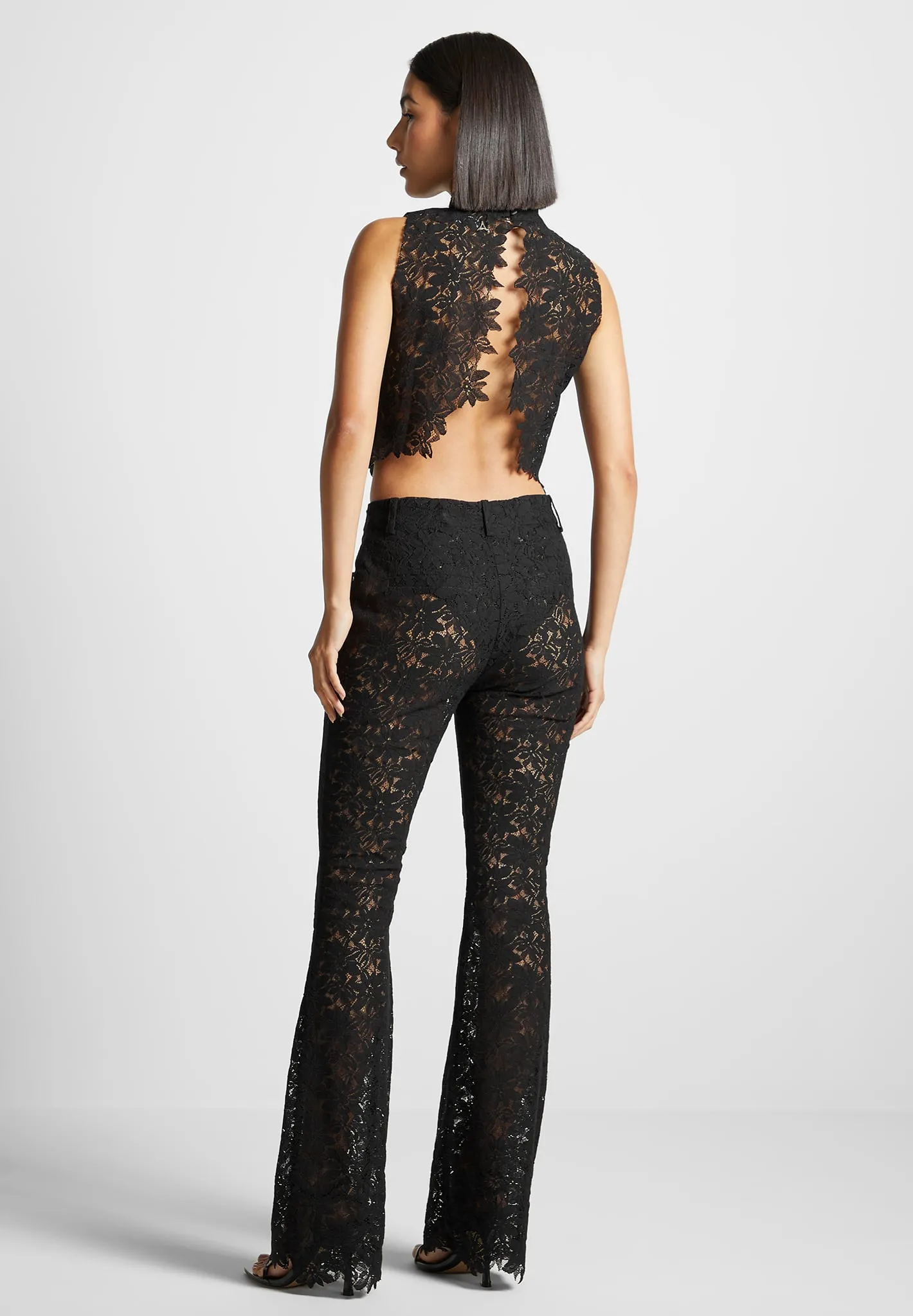 WrinkleResistant Texture Lace Open Back Top - Black