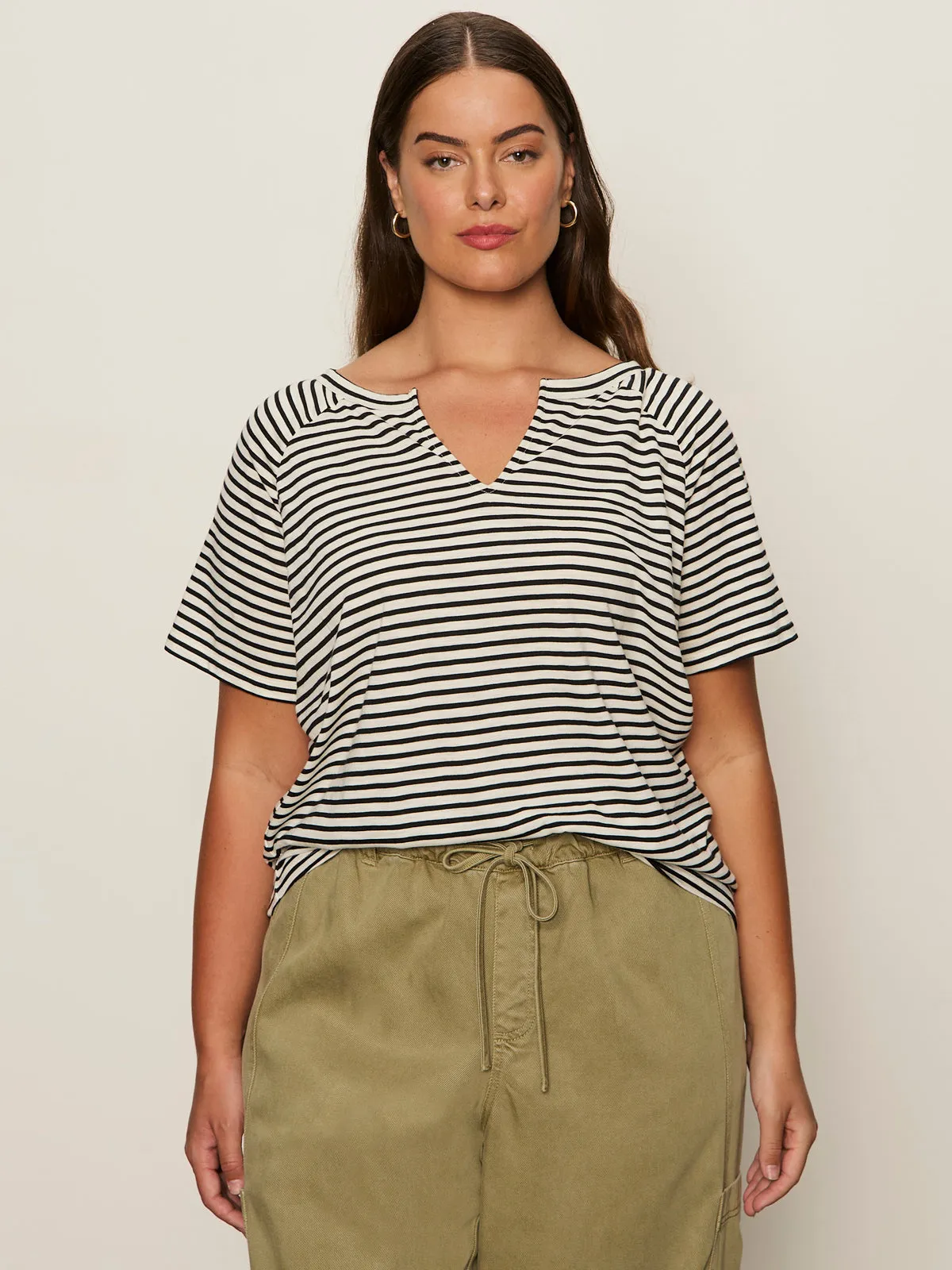 Notch Neck Tee Light Oat/Black Stripe Extended Sizing SoftTouchBrushedInterior